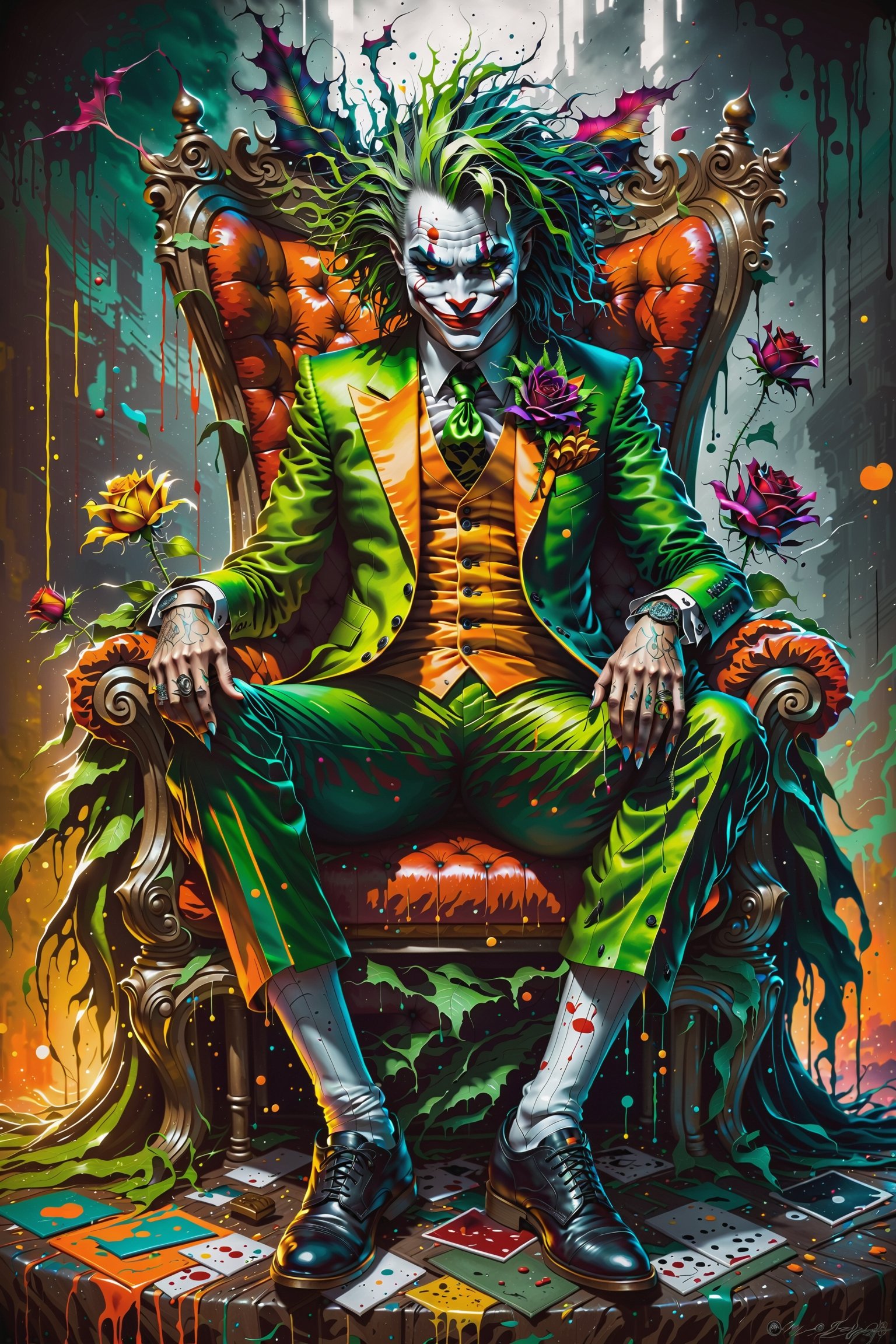 realistic, hyper-realism, horror art, dread, creepy, forboding, dark, unity 8k wallpaper, ultra detailed, beautiful and aesthetic, masterpiece, best quality, cowboyshot, the most beautiful form of chaos, elegant, a brutalist designed, vivid colours, horror, solo, abandoned, dramatic ligting, The Joker sat cross legged in ornate throne,  wearing green suit with orange waistcoat, green tie, slicked_back_hair, crazy smile, arrogant, graffiti, bright colours, monochromatic expressionism, noir comic art, gothic romanticism, whimsical illustration, spectacular backdrops, in the style of esao andrews, LegendDarkFantasy