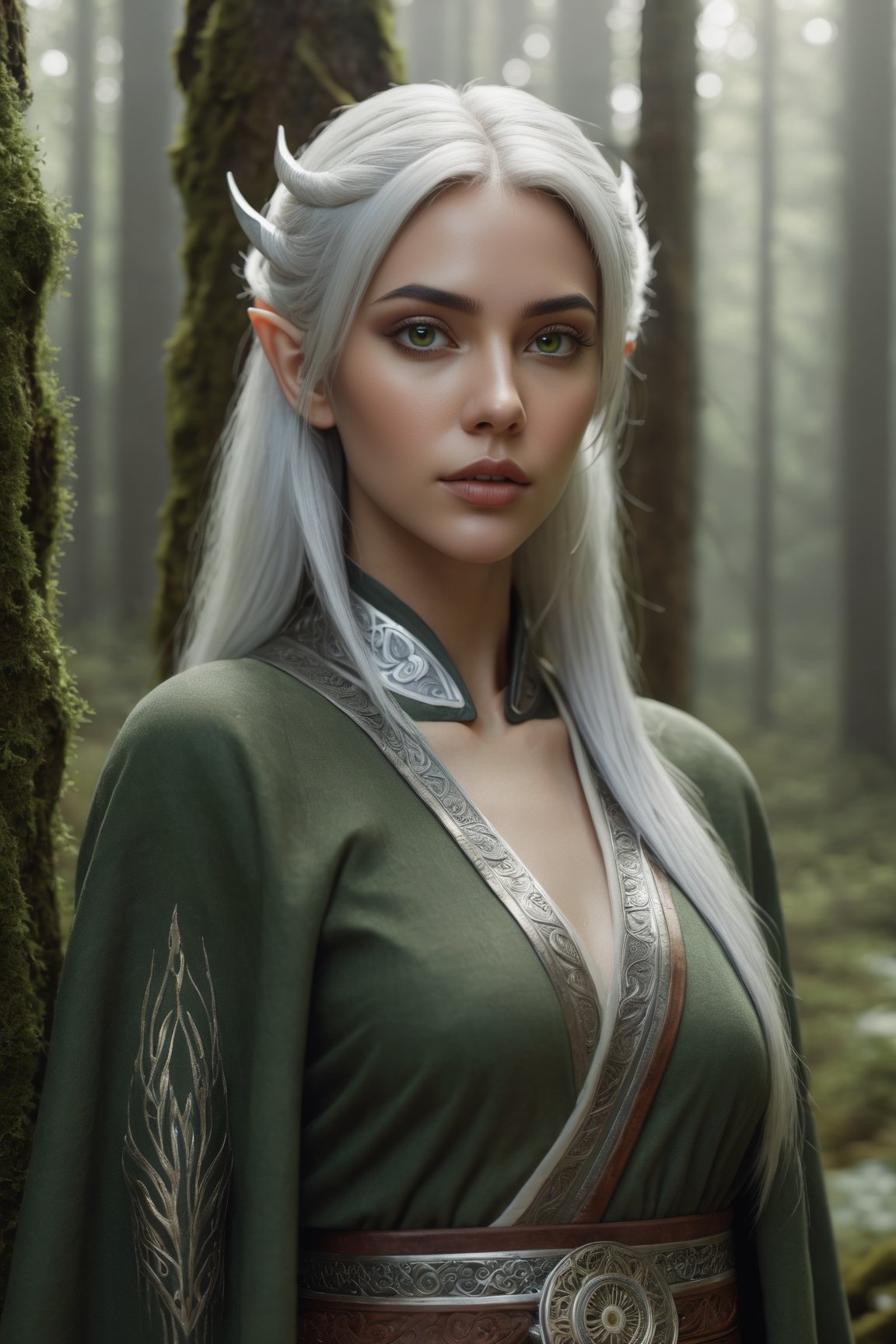 Midjourney style, ultrarealistic, a beautiful naked elf woman,  {{full_body}}, standing in a mossy forest, ((white hair)), {{see-though clothing}},  {{green eyes}},  perfect detailed face, detailed symmetric circular iris, Peaky Blinders aesthetic, realistic, 3d render, octane render, intricately detailed, cinematic, trending on artstation, Isometric, Centered hypereallistic cover photo, awesome full color, hand drawn, dark, gritty, mucha, klimt, erte 12k, hight definition, cinematic, neoprene, behance contest winner, portrait featured on unsplash, stylized digital art, smooth, ultra high definition, 8k, unreal engine 5, ultra sharp focus, intricate artwork masterpiece, ominous, epic,trending on artstation, by artgerm, h. r. giger,  beksinski, highly detailed, vibrant,dreamscape,b3rli,winterhanfu