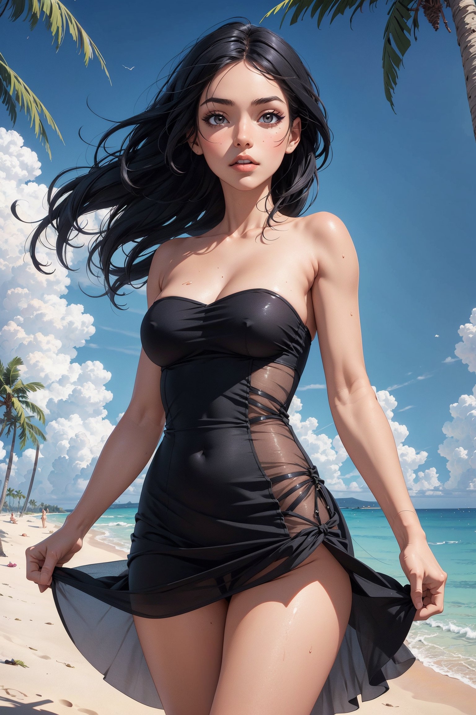 1girl, looking at viewer, on a beautiful secluded sandy beach, palm trees, masterpiece, (mordern summertime dress:1.2), see through dress, no panties, nude, strapless, beautiful, long black hair blowing in the wind, best quality, highly detailed,High detailed 