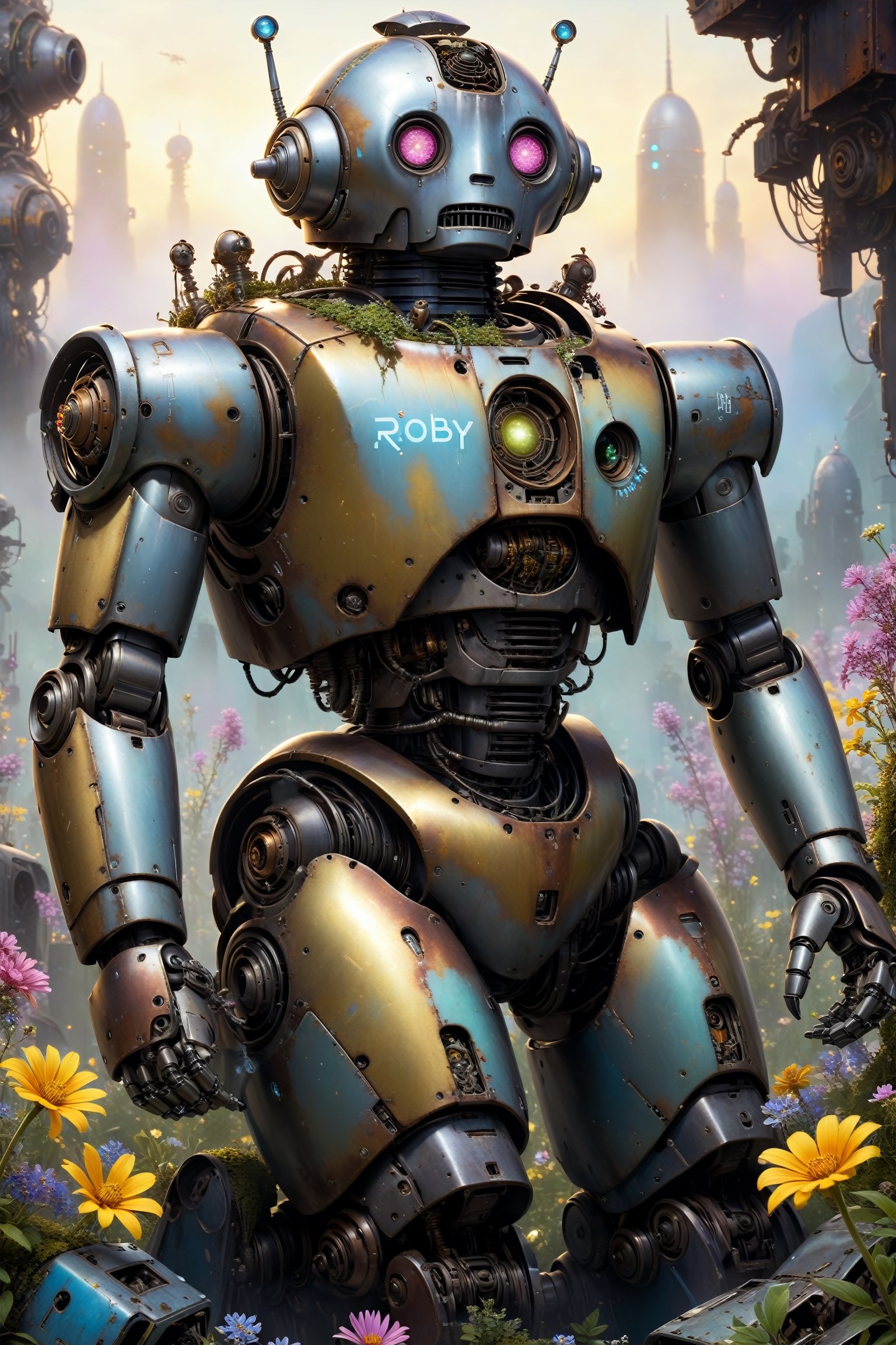 rusting and mossy covered body of robby the robot half covered by piles of junk, in a scrap heap of old refridgerators, washing machines, metal junk, painted onn graffiti, ((crumbling and broken)), {{arm broken off}}, {{eye popped out of socket}}, surrounded by a sea of multi-colored wildflowers which grow out of the body of the robot, depth of field, bokeh effect, ultra realistic, cinematography, hyper detailed, absolute realism, golden hour, dreamy atmosphere, misty environment, ethereal colors, more detail XL,more detail XL,digital painting,mecha,robot