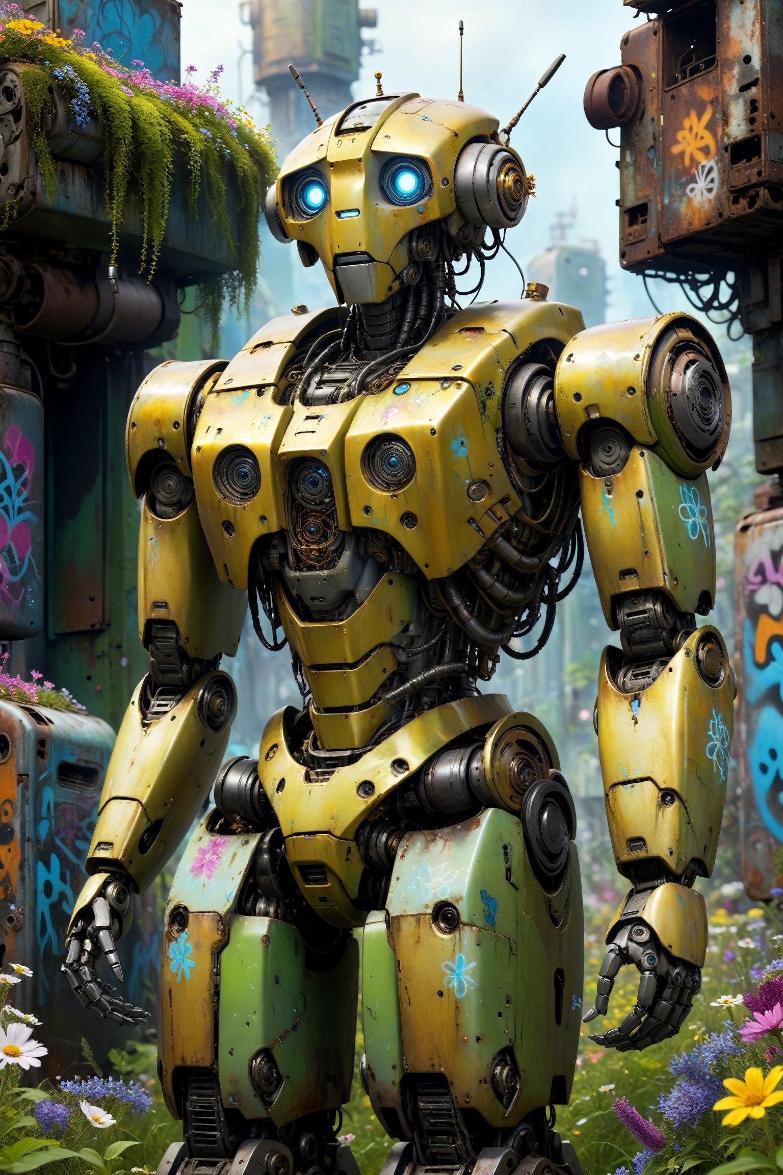 rusting and mossy covered body of an armless robot which has been spray painted in graffiti, surrounded by a scrap heap of old refridgerators, washing machines, metal junk,  surrounded by a sea of multi-colored wildflowers which grow out of the body of the robot, depth of field, bokeh effect, ultra realistic, cinematography, hyper detailed, absolute realism, golden hour, dreamy atmosphere, misty environment, ethereal colors, more detail XL,more detail XL,digital painting,mecha,robot,Graffiti Comic