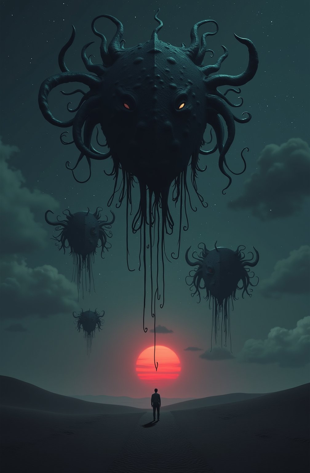 Portrait style, realism, hyper realistic, photography, oil painting, blurry effect, dynamic movement poses, Best quality, 4K, 8K, high-resolution, masterpiece, ultra-detailed, photorealistic
.
.
( photo of a black sand desert, several giant black otherworldly creatures with cable-like hanging tentacles are floating in the starry sky, a faint red sun barely shines through the cloud cover, highly detailed, cinemascope, moody, epic, photorealistic, color graded cinematic, atmospheric lighting, award winning photo, film grain ), 
.
.
Digital illustration, Digital Painting, digital art style, full body, fantasy detailers, more details, oil painting effect, fantasy art style,