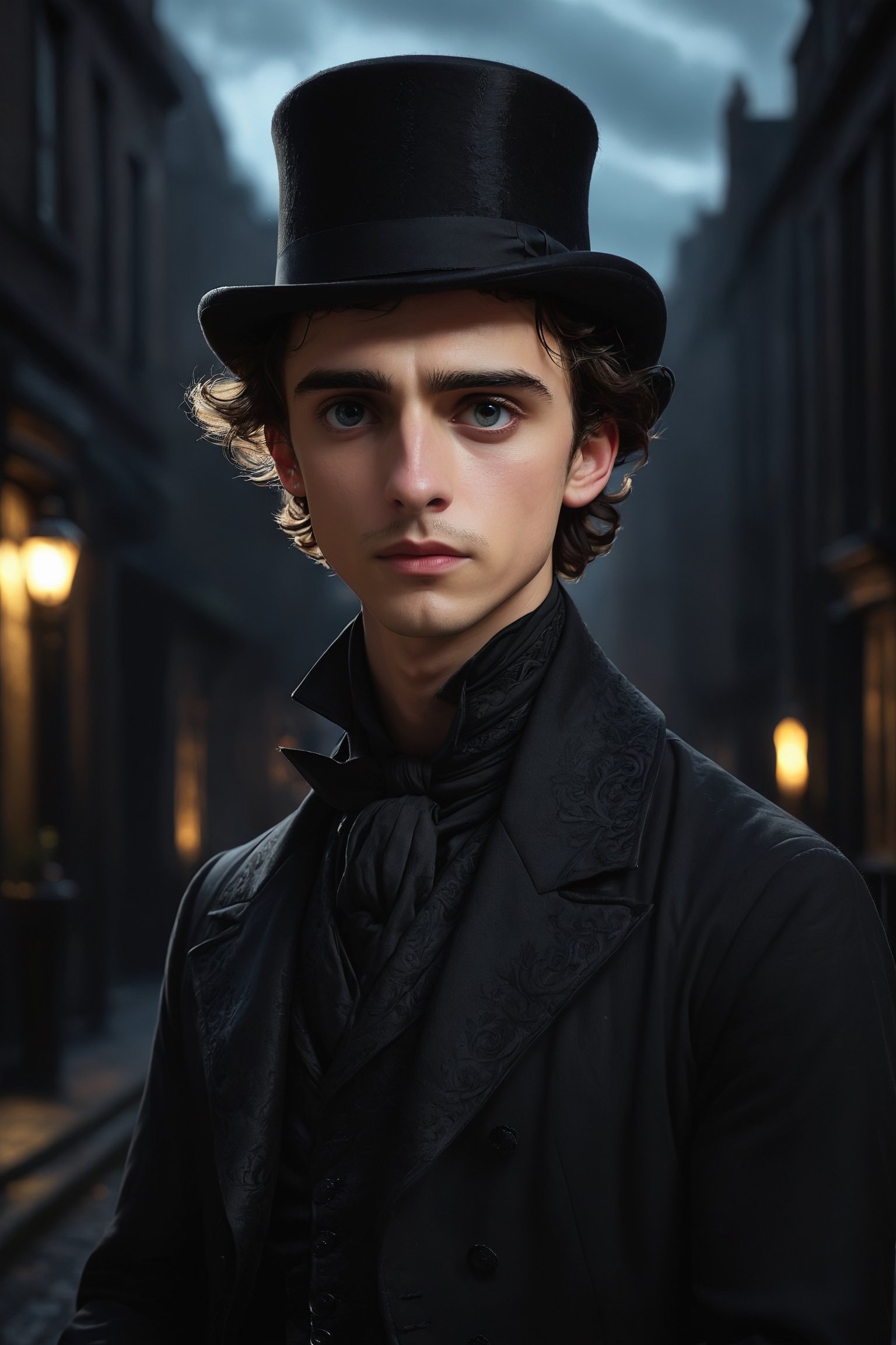 Timothée Chalamet, Austin Butler, (Masterpiece, Best quality), (exterior night, image of a man, thin with very marked cheekbones, an aquiline nose and penetrating gray eyes, wearing elegant Victorian-era clothing, black clothes, a very dark gray top hat, outside at night on the street of old London) (finely detailed eyes), (finely detailed eyes and detailed face), (Extremely detailed CG, Ultra detailed, Best shadow), Beautiful conceptual illustration, full body, (extremely fine and detailed), (Perfect details), (Depth of field),dark, sinister