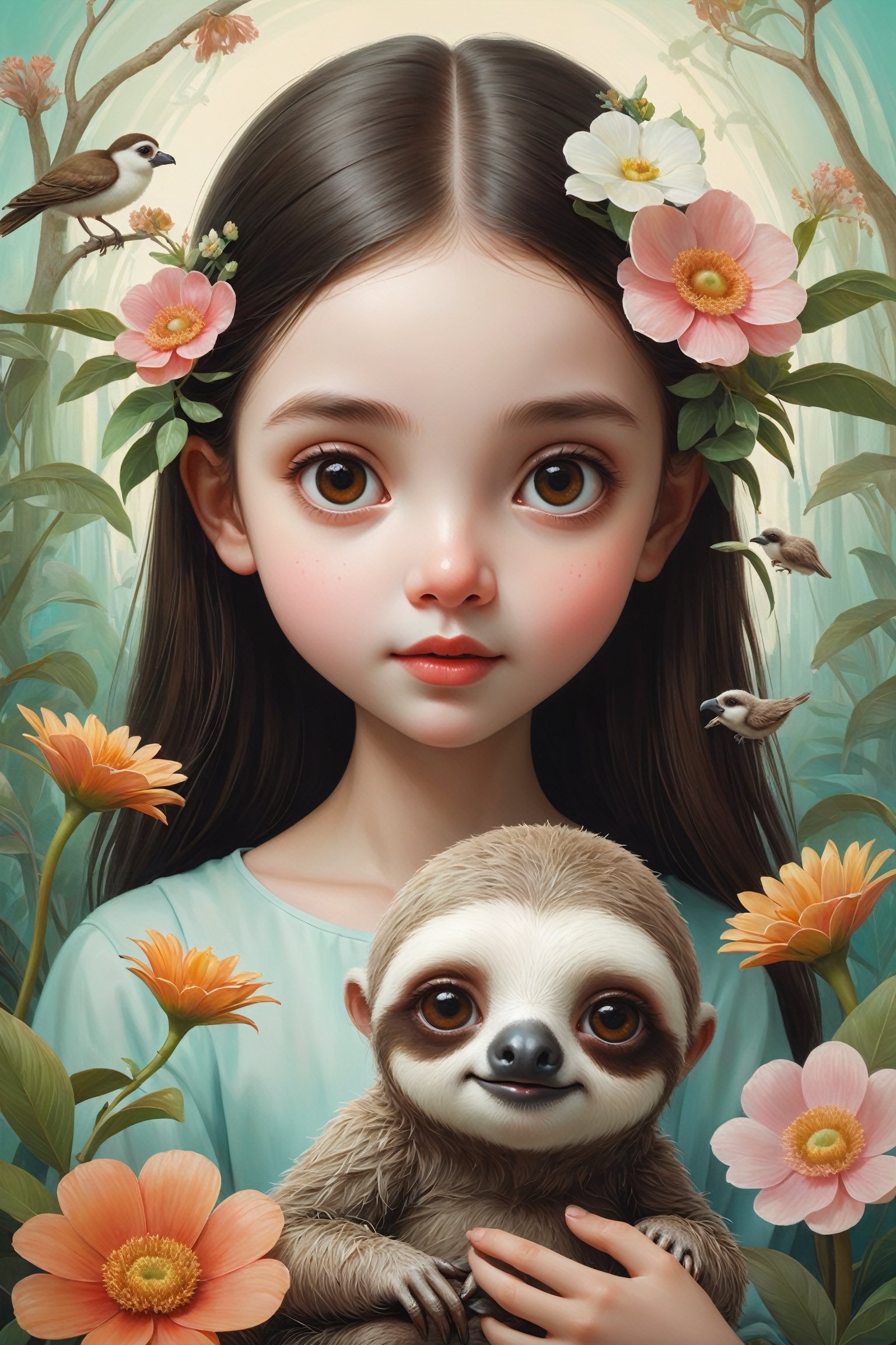 Oil painting of a 12 year old girl with a ghostly white face, huge round eyes, super small nose and mouth, holding a cute baby sloth, soft color, dreamlike, surrealism, background with birds and flowers, intricate details, 3D rendering, octane rendering. Art in pop surrealism lowbrow creepy cute style. Inspired by Ray Caesar. Vintage art, opaque colors, light grain, indirect lighting.