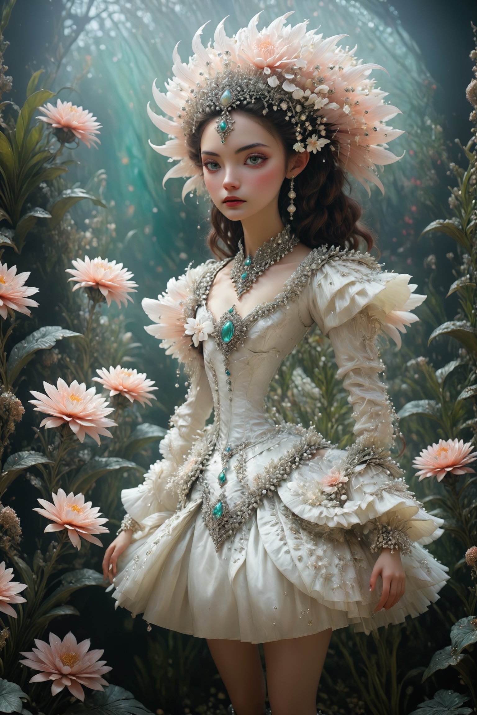 Extremely Realistic, flowers, extremely detailed, silver, pearls, white, emerald, gold, centered, half body shot, natural light, Marie-Antoinette details, latex, rubber, eroticism, gathers, beehives, ball gathering, Crinoline, smocks, pin tucks,  Belle Époque winter garden, Hans Bellmer-style surrealism, Balata Garden and Martinique corals for tropical inspiration, Gabrielle Chanel and diva singers for timeless elegance. Extremely Realistic, photo r3al, make_3d, cinematic moviemaker style, dripping paint,abstact,DonMB4nsh33XL , in the style of esao andrews, aesthetic portrait,  F41Arm0rXL ,Wonder of Beauty,esao andrews style