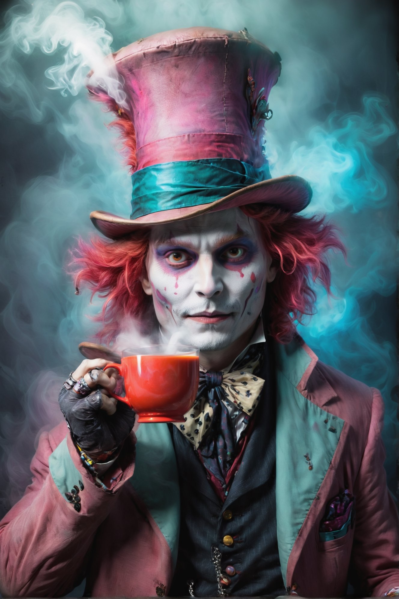 cyberpunk (mad hatter johnny depp in wonderland:1.3) holding a cup of tea,cyberpunk style,mysterious magical ground fog,bioluminiscent drink,graffito,mist,incredible detailed,soft neon light,cinematic,iridescent red,vivid details,robotic bionic features,whimiscal toxic dust,hyperrealistic masterwork by head of prompt engineering 