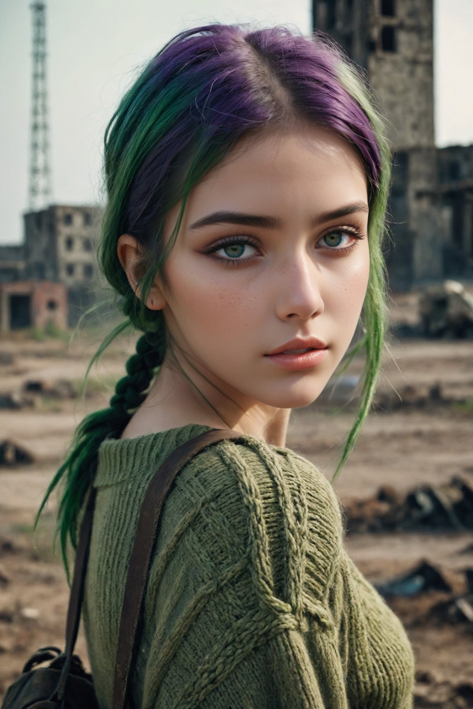 {{close-up face portrait}}, {{{facing straight on to camera}}}, A sad and lonely beautiful 18yr old girl in a nuclear wasteland. visible skin pores, {{{chunky knitted olive green military sweater off one shoulder, naked under}}}, dark purple and green multi-color hair in pigtails, smudged dark gothic eye makeup. The once thriving city now lies in ruins, with crumbling buildings and abandoned vehicles scattered amidst the desolation. Nature has started to reclaim the territory, with ((plants growing through cracks in the concrete)). The atmosphere is eerie, with a sense of loneliness and despair hanging in the air. The scene is bathed in a dark and moody light, emphasizing the post-apocalyptic setting. The girl's expression reflects her loneliness and the weight of the world she carries on her shoulders. The colors are muted, with a desaturated and faded palette, further enhancing the desolate mood of the scene.