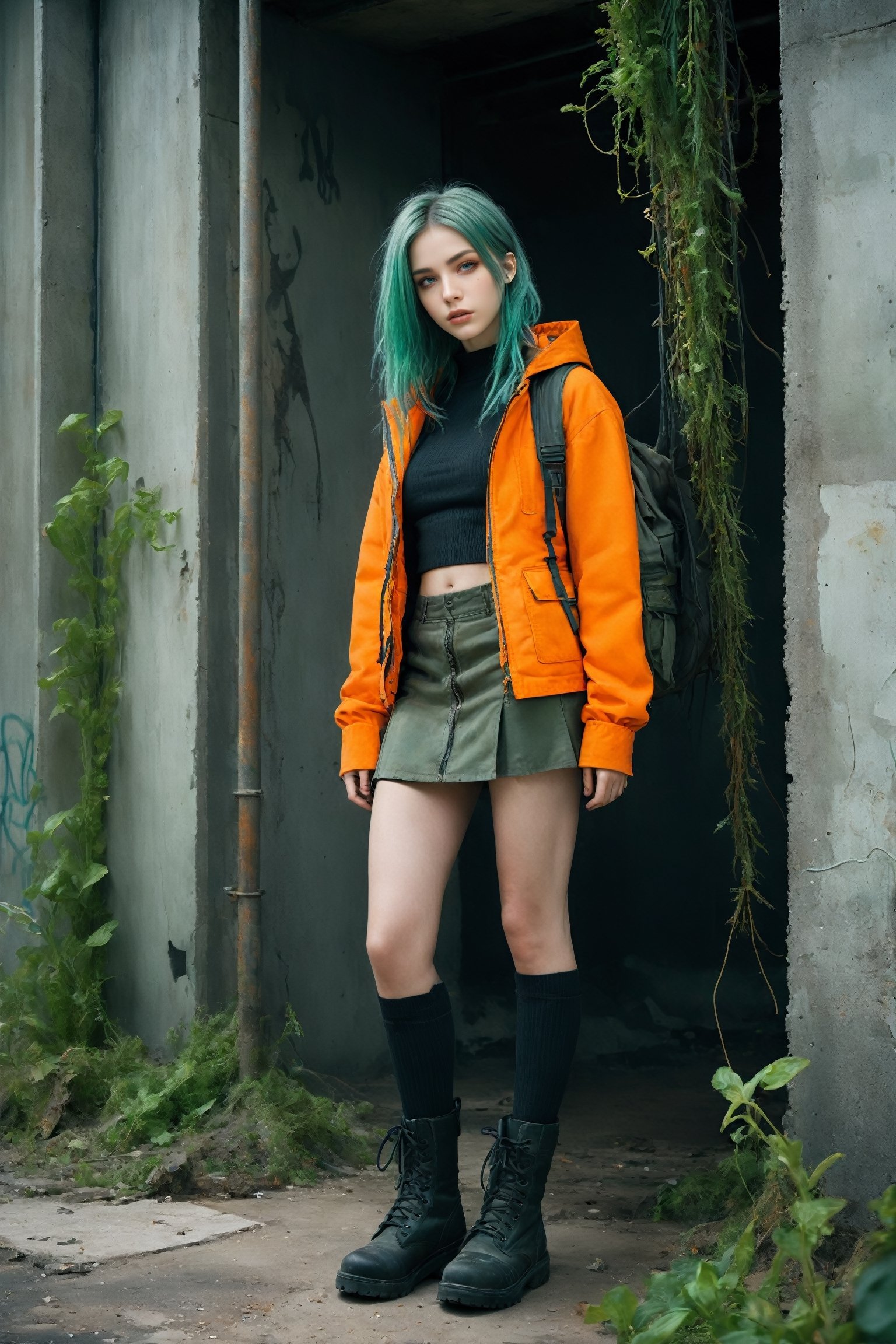 {{upper body portrait}}, A lonely 18yr old girl in a nuclear wasteland. Wearing a dark grey low rise miniskirt, low waist ultra tiny miniskirt, {{orange chunky knit croptop sweater}}, long military parka, {{{exposed tummy}}}, showing lots of thigh, bare legs, combat boots. jade green hair in pigtails, smudged dark gothic eye makeup. Concrete wall with Graffiti, The once thriving city now lies in ruins, with crumbling buildings and abandoned vehicles scattered amidst the desolation. Nature has started to reclaim the territory, with ((plants growing through cracks in the concrete)). The atmosphere is eerie, with a sense of loneliness and despair hanging in the air. The scene is bathed in a dark and moody light, emphasizing the post-apocalyptic setting. The girl's expression reflects her loneliness and the weight of the world she carries on her shoulders. The colors are muted, with a desaturated and faded palette, further enhancing the desolate mood of the scene., eyeliner, eyeshadow,DonMG414XL