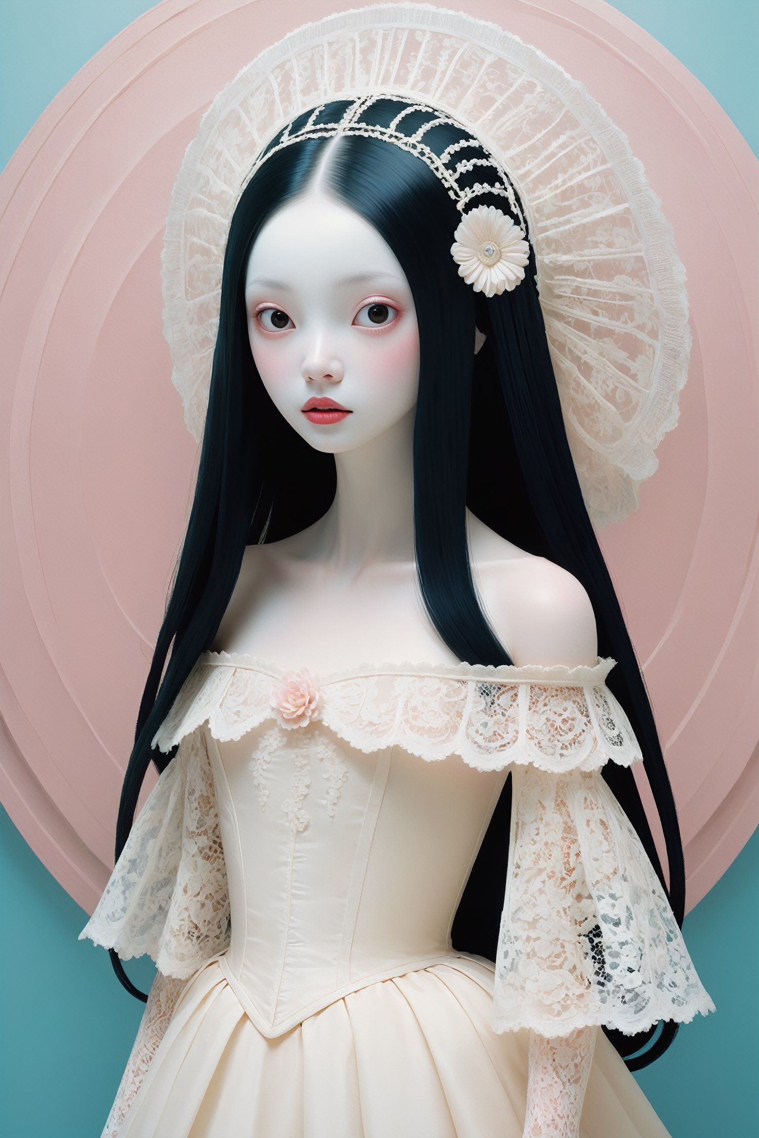 {{full_body}}, Oil painting of an 18 year old girl with a ghostly white face,  wearing a white lace off the shoulder basque, upper body, huge round eyes, super small nose and mouth, pale pink lips, extra long straight black hair, soft color, dreamlike, surrealism, plain graduated pale background, intricate details, 3D rendering, octane rendering. Art in pop surrealism lowbrow creepy cute style. Inspired by Ray Caesar. Vintage art, art deco, opaque colors, light grain, indirect lighting.