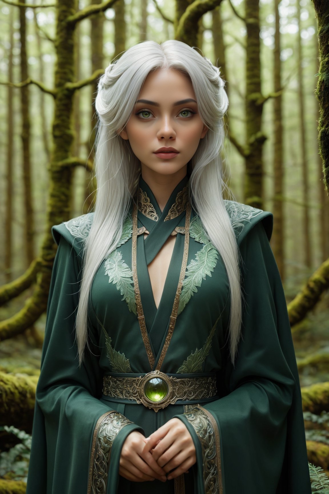 Midjourney style, ultrarealistic, a beautiful naked elf woman,  {{full_body}}, standing in a mossy forest, ((white hair)), {{see-though clothing}},  {{green eyes}},  perfect detailed face, detailed symmetric circular iris, Peaky Blinders aesthetic, realistic, 3d render, octane render, intricately detailed, cinematic, trending on artstation, Isometric, Centered hypereallistic cover photo, awesome full color, hand drawn, dark, gritty, mucha, klimt, erte 12k, hight definition, cinematic, neoprene, behance contest winner, portrait featured on unsplash, stylized digital art, smooth, ultra high definition, 8k, unreal engine 5, ultra sharp focus, intricate artwork masterpiece, ominous, epic,trending on artstation, by artgerm, h. r. giger,  beksinski, highly detailed, vibrant,dreamscape,b3rli,winterhanfu