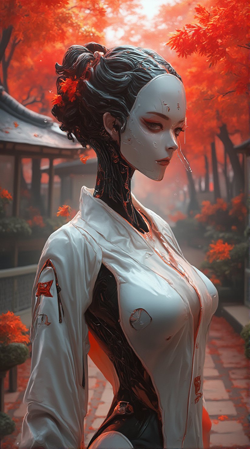 Masterpiece, Ultra High Resolution, 16k, HDR, Photorealistic: A sexy, highly detailed cyborg (((geisha))) with a high-gloss finish. The geisha has a glossy white plastic face and body, perfectly blending human beauty with robotic precision. She stands in a serene Japanese garden with vibrant momiji (maple trees) in the background. The scene captures the elegance of a beautiful woman with android features, combining traditional Japanese aesthetics with advanced technology.