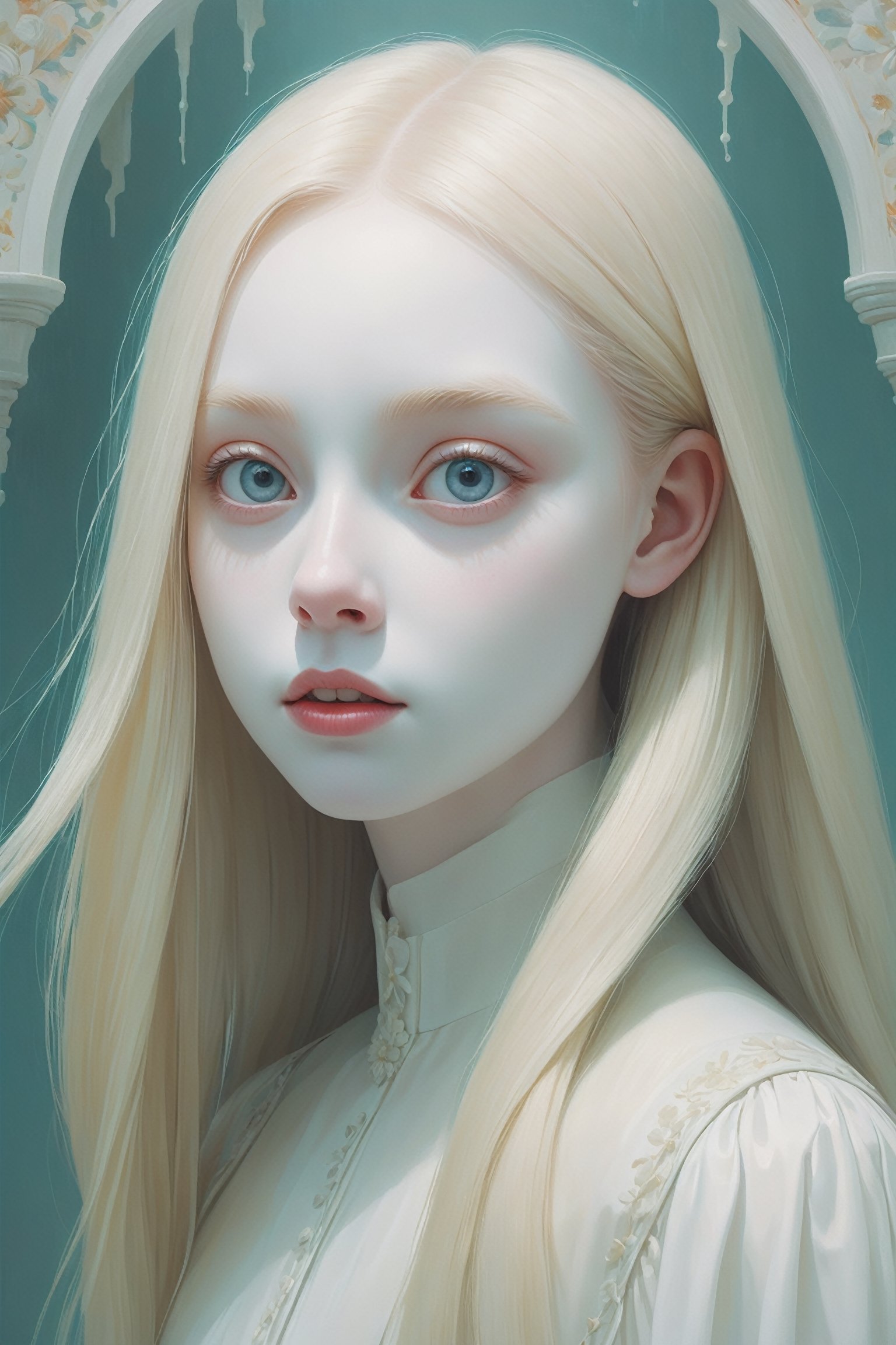 Oil painting of an 18 year old girl with a ghostly white face, upper body, huge round eyes, super small nose and mouth, long straight blonde hair, soft color, dreamlike, surrealism, plain graduated pale background, intricate details, 3D rendering, octane rendering. Art in pop surrealism lowbrow creepy cute style. Inspired by Ray Caesar. Vintage art, opaque colors, light grain, indirect lighting.