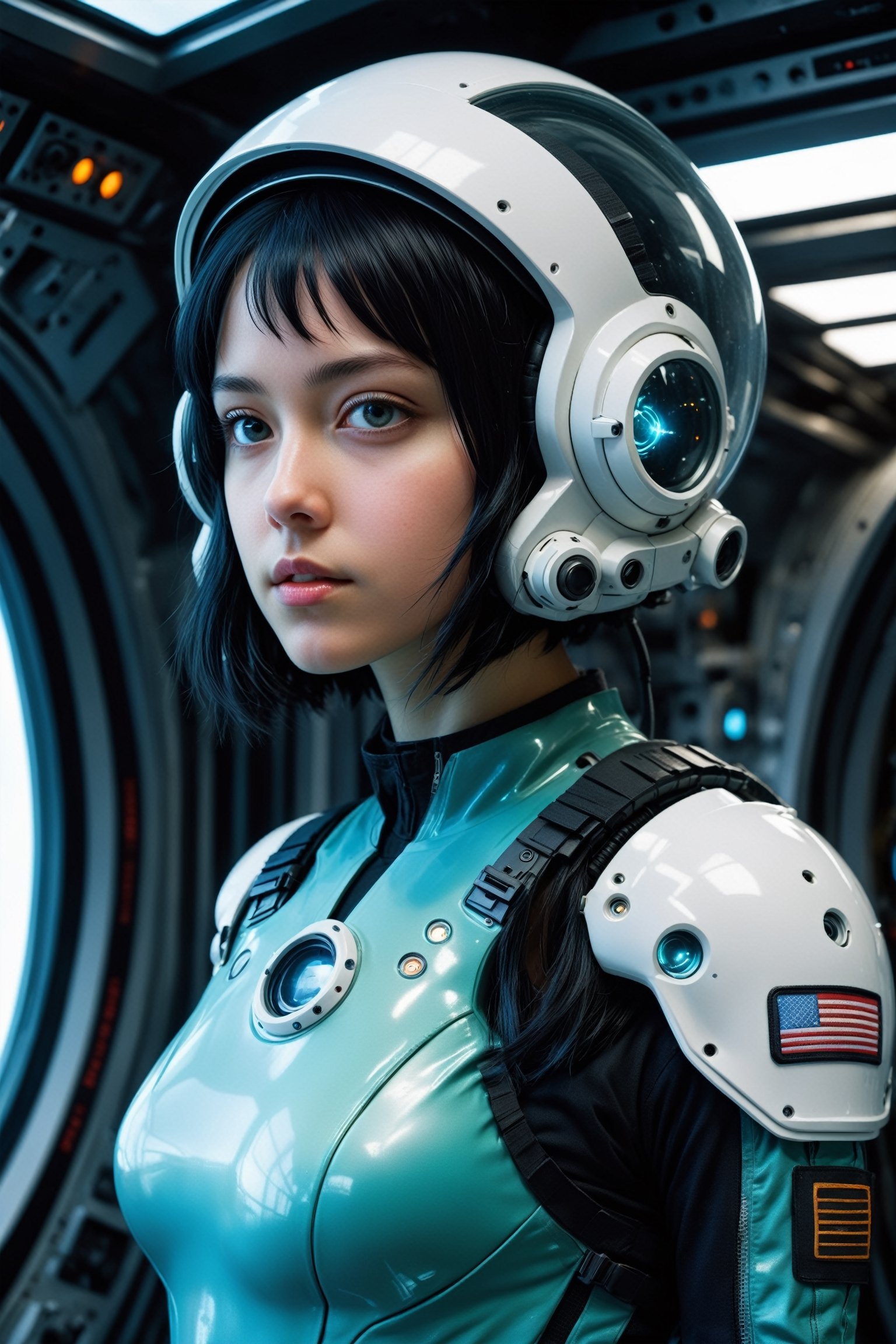 ((upper_body)), beautiful 18yr old Girl, Aqua short black hair, breathtaking  photo of Caucasian girl wearing mech suit indoors (on alien spaceship) by Craig Davison, Dave Dorman, and Drew Struzan, symmetrical outfit. patch panels, computers, buttons, switches, screen, window with a view of outer space. wearing bubble helmet, face visible. high quality, photorealism, chromatic aberration, lens distortion, sharp focus, highest detail.
