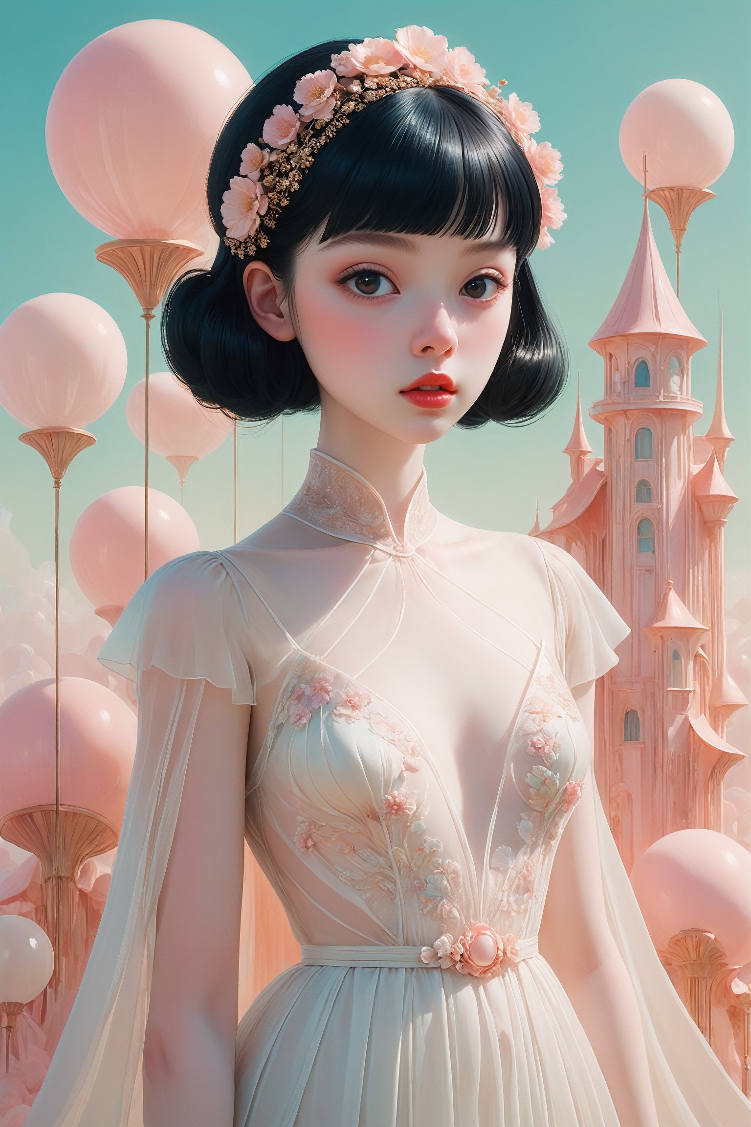 {{full_body}}, Oil painting of a beautiful 18 year old girl with pale skin, front on to viewer, {{wearing white transparent see-through chifon gown}},  huge round eyes, super small nose and mouth, pale pink lips, extra long straight black hair in a bun, medium breasts, soft color, dreamlike, surrealism, plain graduated pale background, intricate details, 3D rendering, octane rendering. Art in pop surrealism lowbrow creepy cute style. Inspired by Ray Caesar. Vintage art, ((art deco background)), opaque colors, light grain, indirect lighting.