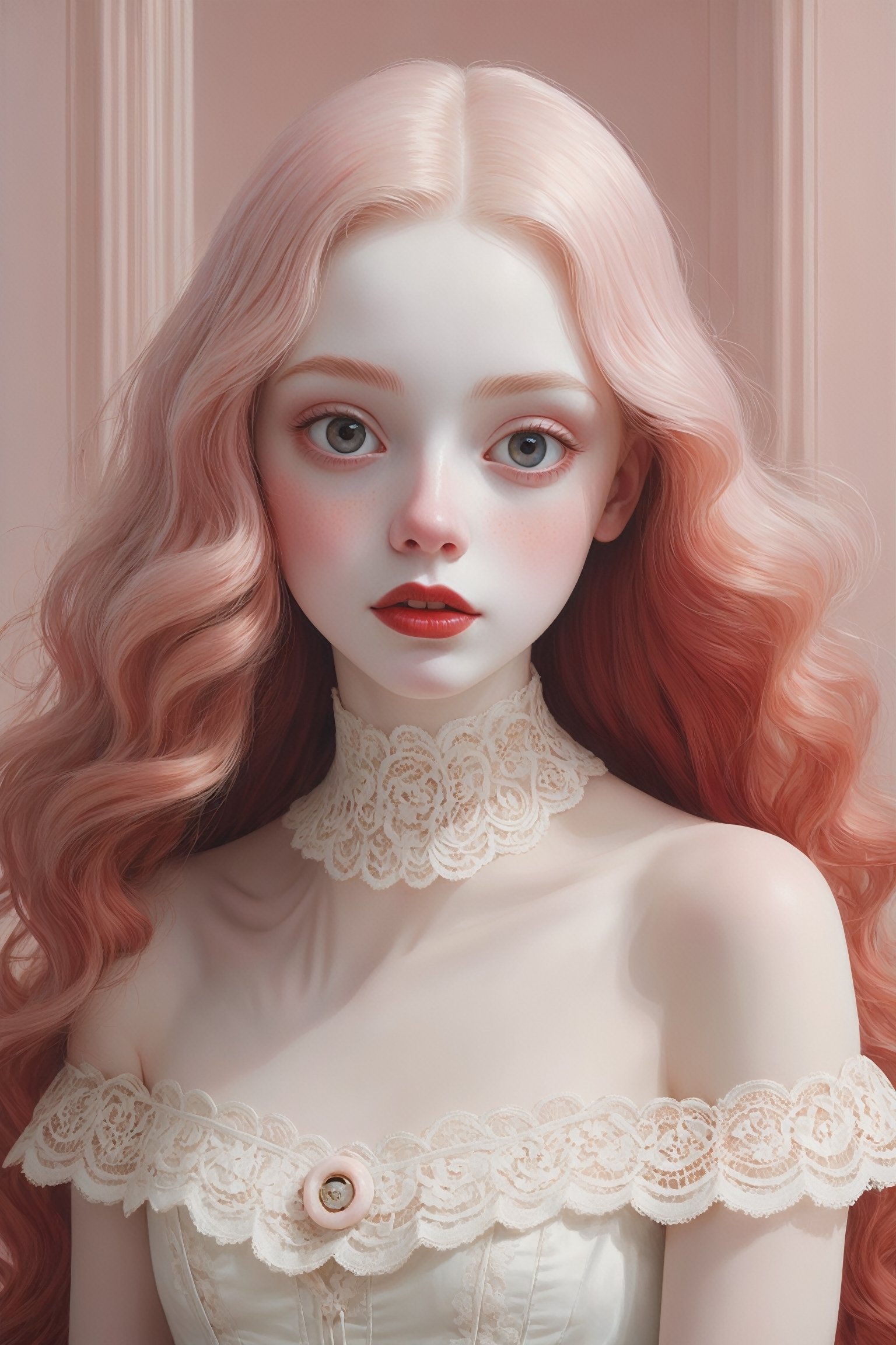 Oil painting of an 18 year old girl with a ghostly white face, upper body, wearing a white lace off the shoulder basque, upper body, huge round eyes, super small nose and mouth, pale pink lips, long straight red hair, soft color, dreamlike, surrealism, plain graduated pale background, intricate details, 3D rendering, octane rendering. Art in pop surrealism lowbrow creepy cute style. Inspired by Ray Caesar. Vintage art, art deco, opaque colors, light grain, indirect lighting.