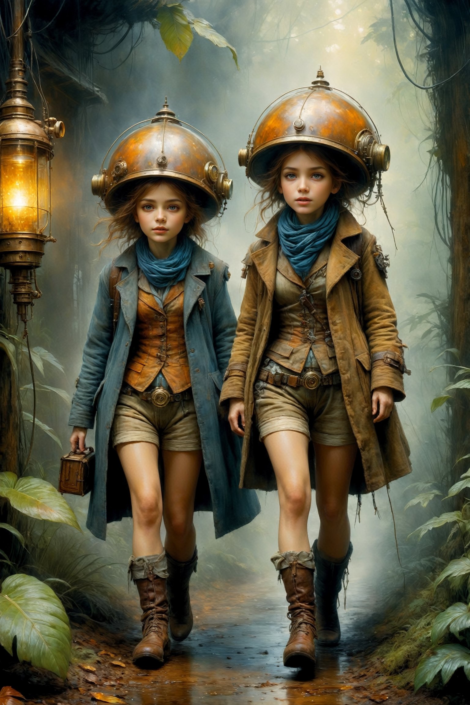 art by Mandy Disher, digital art 8k, Jean-Baptiste Monge style, art by cameron gray, mail art, cuteness overload, Northern Renaissance, tempera on old worn canvas, fairytale, symbolism, dynamic poster, ((two beautiful sisters walking side by side)), wearing tiny cotton panties, foggy night, autumnal, complex background, meticulously detailed tempera portrait, detailed jungle landscape complementary colors, insanelly detailled, volumetrics clouds, stardust, 8k resolution, watercolor, razumov style. art by Razumov and Volegov, art by Carne Griffiths and Wadim Kashin rutkowski repin artstation hyperrealism painting, 4 k resolution blade runner, sharp focus, emitting diodes, smoke, artillery,sparks,racks,system unit,motherboard, by pascal blanche rutkowski repin artstation hyperrealism painting concept art of detailed character design matte painting, 4 k resolution , in the style of esao andrews,aesthetic portrait,HZ Steampunk