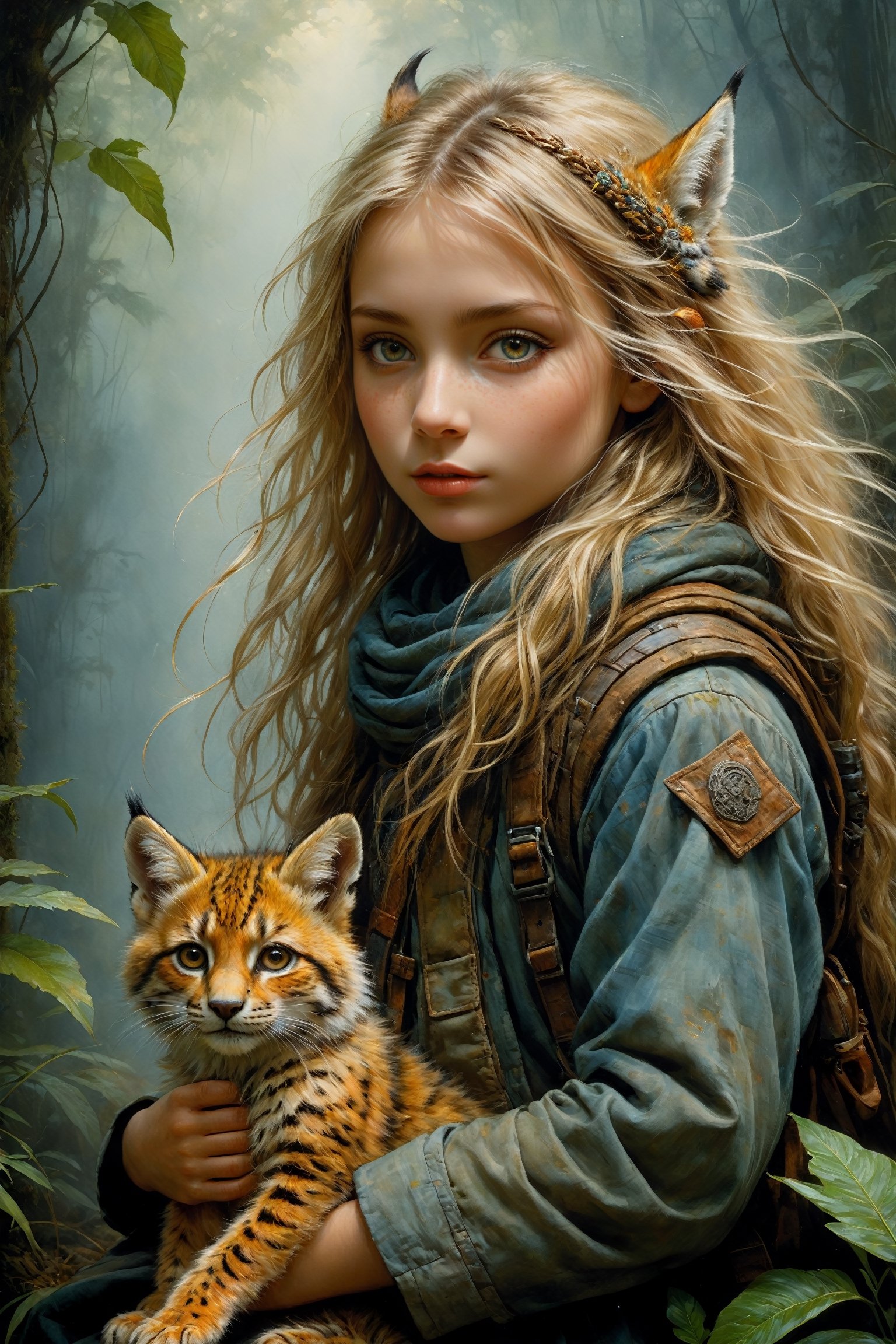 art by Mandy Disher, digital art 8k, Jean-Baptiste Monge style, art by cameron gray, mail art, cuteness overload, Northern Renaissance, tempera on old worn canvas, fairytale, symbolism, dynamic poster, a little blonde long-haired girl with a lynx cat in her lap in the foggy night, complex background, meticulously detailed tempera portrait, detailed jungle landscape complementary colors, insanelly detailled, volumetrics clouds, stardust, 8k resolution, watercolor, razumov style. art by Razumov and Volegov, art by Carne Griffiths and Wadim Kashin rutkowski repin artstation hyperrealism painting, 4 k resolution blade runner, sharp focus, emitting diodes, smoke, artillery,sparks,racks,system unit,motherboard, by pascal blanche rutkowski repin artstation hyperrealism painting concept art of detailed character design matte painting, 4 k resolution , in the style of esao andrews,aesthetic portrait