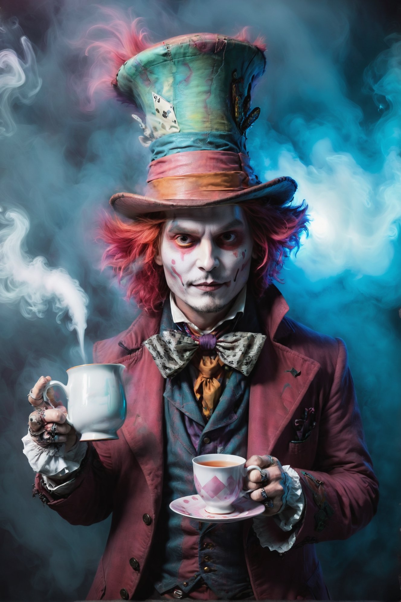 cyberpunk (mad hatter johnny depp in wonderland:1.3) holding a cup of tea,cyberpunk style,mysterious magical ground fog,bioluminiscent drink,graffito,mist,incredible detailed,soft neon light,cinematic,iridescent red,vivid details,robotic bionic features,whimiscal toxic dust,hyperrealistic masterwork by head of prompt engineering 