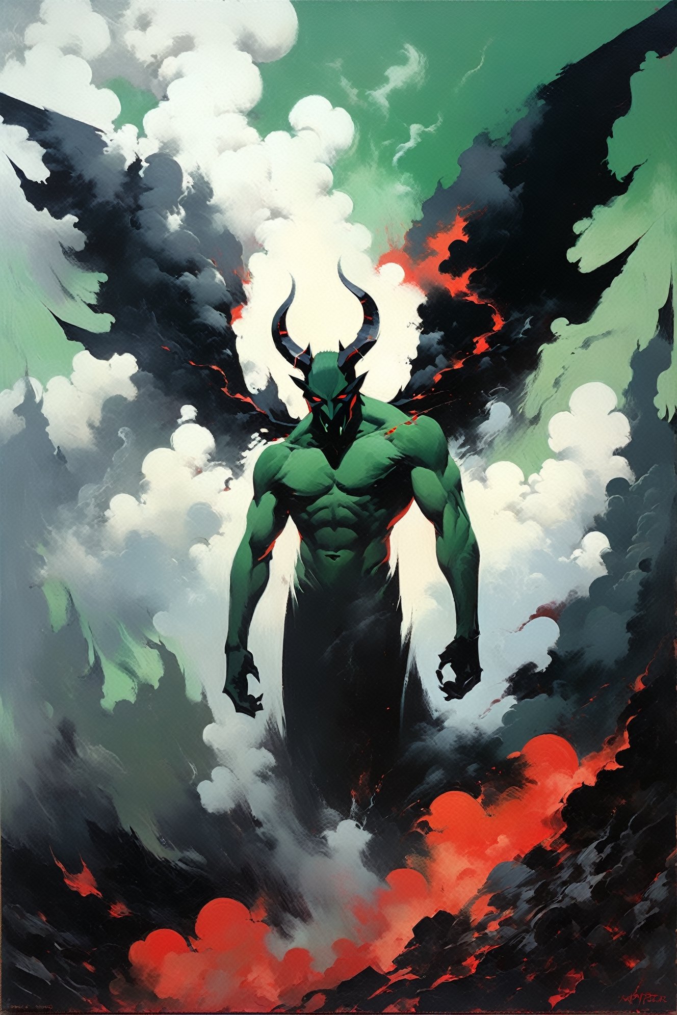 Hell: a (full body) portrait of demon with horns and wings flying around,red black green colors,scary scene of volcanoes and fires on abandoned land like hell backdrop,painful, sad,smoke and fog,bokeh,acrylic painting,trending on pixiv fanbox, palette knife and brush strokes, style of makoto shinkai, jamie wyeth, james gilleard, edward hopper, greg rutkowski, studio ghibli,artistic oil painting,more detail XL