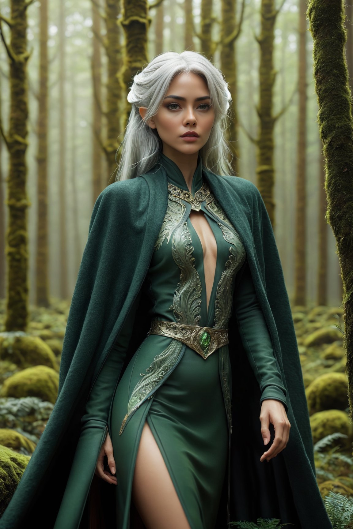 Midjourney style, ultrarealistic, a beautiful naked elf woman,  {{full_body}}, standing in a mossy forest, ((white hair blowing in the wind)),  {{green eyes}},  perfect detailed face, detailed symmetric circular iris, Peaky Blinders aesthetic, realistic, 3d render, octane render, intricately detailed, cinematic, trending on artstation, Isometric, Centered hypereallistic cover photo, awesome full color, hand drawn, dark, gritty, mucha, klimt, erte 12k, hight definition, cinematic, neoprene, behance contest winner, portrait featured on unsplash, stylized digital art, smooth, ultra high definition, 8k, unreal engine 5, ultra sharp focus, intricate artwork masterpiece, ominous, epic,trending on artstation, by artgerm, h. r. giger,  beksinski, highly detailed, vibrant,dreamscape,b3rli,winterhanfu