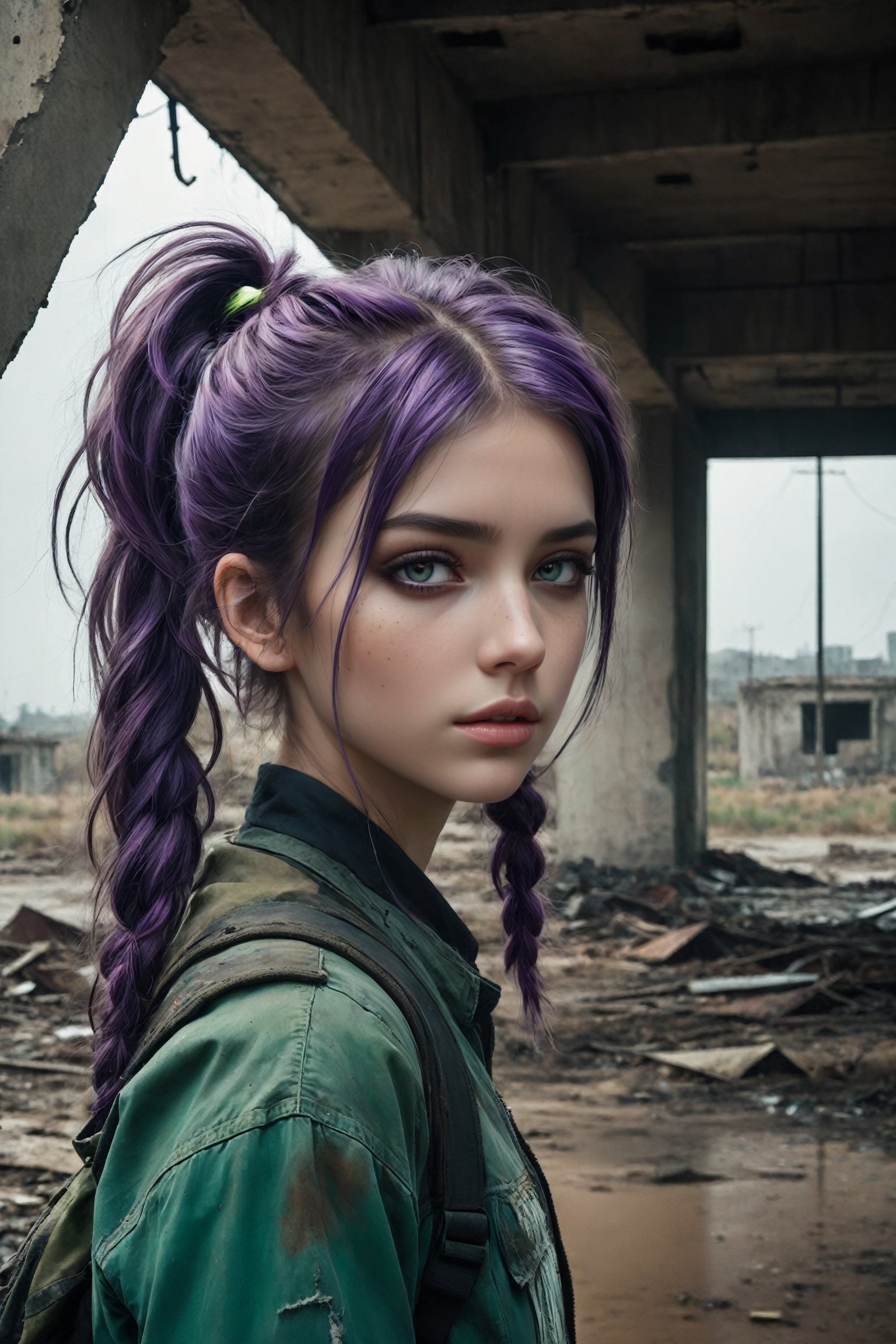 {{close-up face portrait}}, {{{close-up}}}, A sad 18yr old girl in a nuclear wasteland. {{{Totally naked}}}, dark purple and green multi-color hair in twin pigtails, smudged dark gothic eye makeup. The once thriving city now lies in ruins, with crumbling buildings and abandoned vehicles scattered amidst the desolation. Nature has started to reclaim the territory, with ((plants growing through cracks in the concrete)). The atmosphere is eerie, with a sense of loneliness and despair hanging in the air. The scene is bathed in a dark and moody light, emphasizing the post-apocalyptic setting. The girl's expression reflects her loneliness and the weight of the world she carries on her shoulders. The colors are muted, with a desaturated and faded palette, further enhancing the desolate mood of the scene.