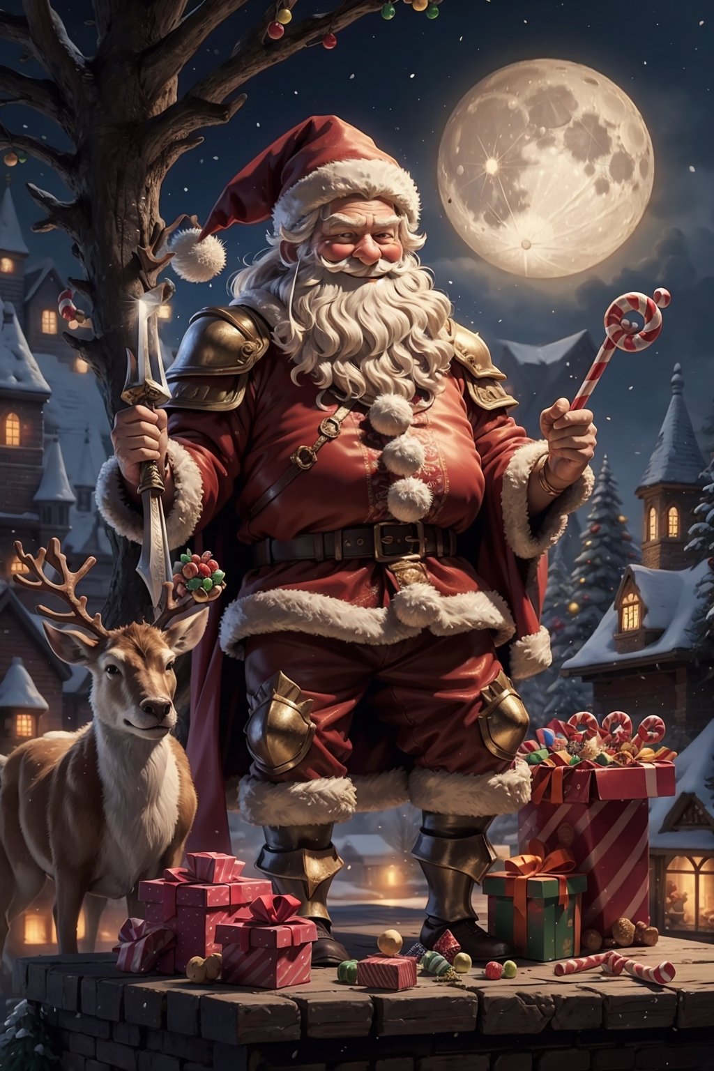 santa claus, portrait, full_body, santa costume, wizard, candy cane, food, candy, moon, weapon, sword, santa hat, beard, antlers, reindeer, sack, armor, full moon, facial hair, smiling, tree