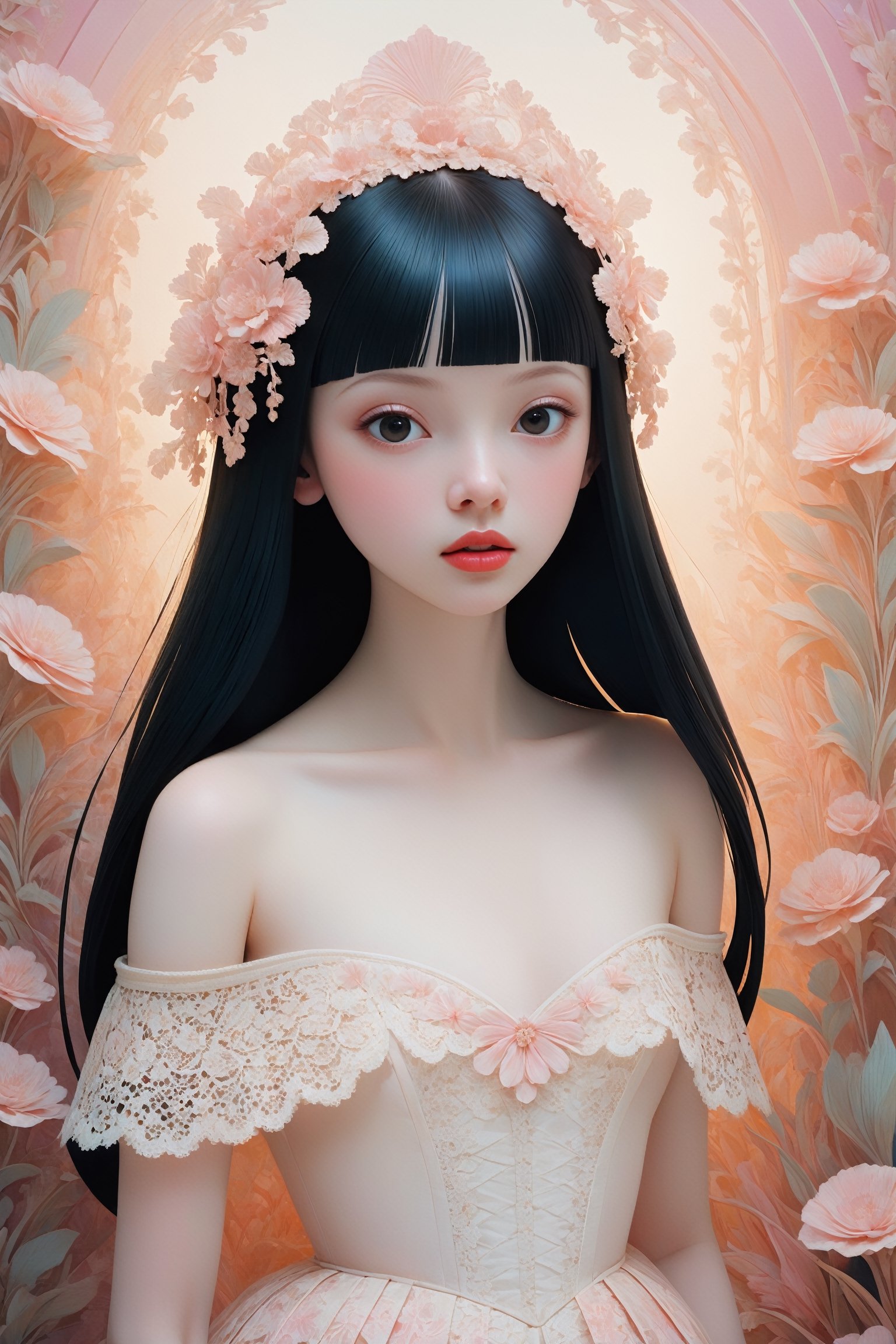 {{full_body}}, {{{straight on to viewer}}}, Oil painting of an 18 year old girl with pale skin,  wearing a white lace off the shoulder basque, upper body, huge round eyes, super small nose and mouth, {{{pale pink lips}}}, extra long straight black hair, medium breasts, cleavage, soft color, dreamlike, surrealism, plain graduated pale background, intricate details, 3D rendering, octane rendering. Art in pop surrealism lowbrow creepy cute style. Inspired by Ray Caesar. Vintage art, {{{art deco geometric pattern background}}}, opaque colors, light grain, indirect lighting.