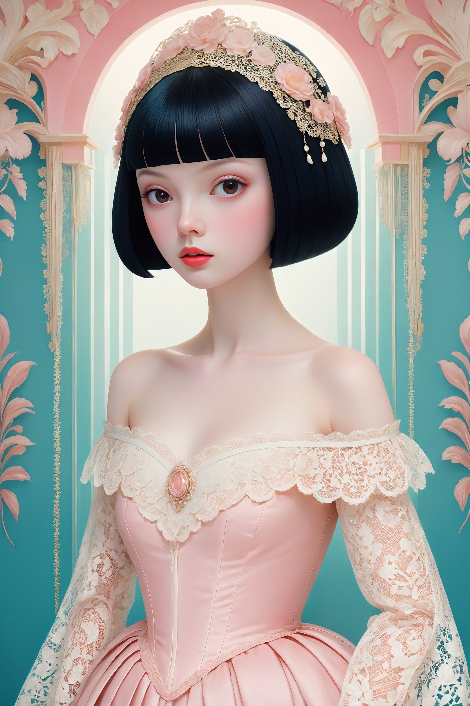 {{full_body}}, {{{straight on to viewer}}}, Oil painting of an 18 year old girl with pale skin,  wearing a white lace off the shoulder basque, upper body, huge round eyes, super small nose and mouth, pale pink lips, extra long straight black hair, medium breasts, cleavage, soft color, dreamlike, surrealism, plain graduated pale background, intricate details, 3D rendering, octane rendering. Art in pop surrealism lowbrow creepy cute style. Inspired by Ray Caesar. Vintage art, {{{art deco pattern background}}}, opaque colors, light grain, indirect lighting.