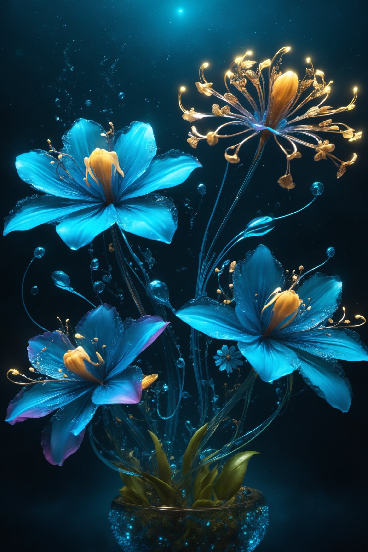 Magical Fantastic Bioluminescent Flowers, Liquid Structure, Flying Petals, Sparks, Splash, Portrait Photography, Fantasy Background, Intricate Patterns, Ultra Detailed, Luminous, Radiance, Ultra Realism, Complex Details, Intricate Details, 16k, HDR, High Quality, Trending On Artstation, Sharp Focus, Studio Photo, Intricate Details, Highly Detailed, By Greg Rutkowski