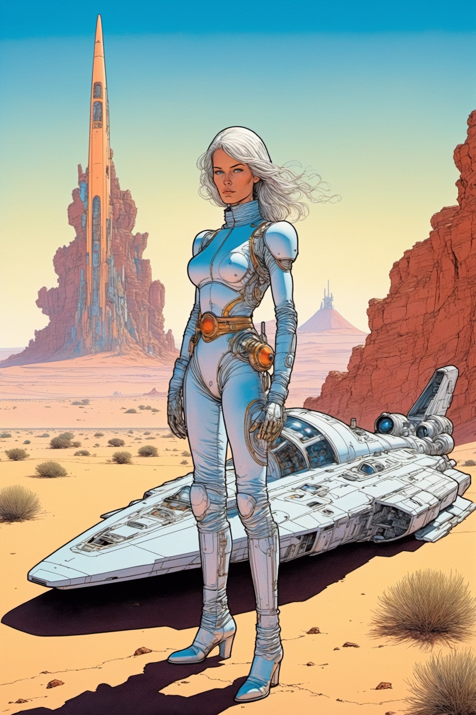 Jean Giraud ((Moebius style)), full body Portrait of a female cyborg in a dramatic pose, background Desert 
 with a ((crashed spaceship)) emitting smoke, perfect detailed eyes, athletic body, intricate facial details, highly detailed, line ink illustration,highly detailed,  ink sketch,ink Draw,Comic Book-Style 2d,2d, pastel colors