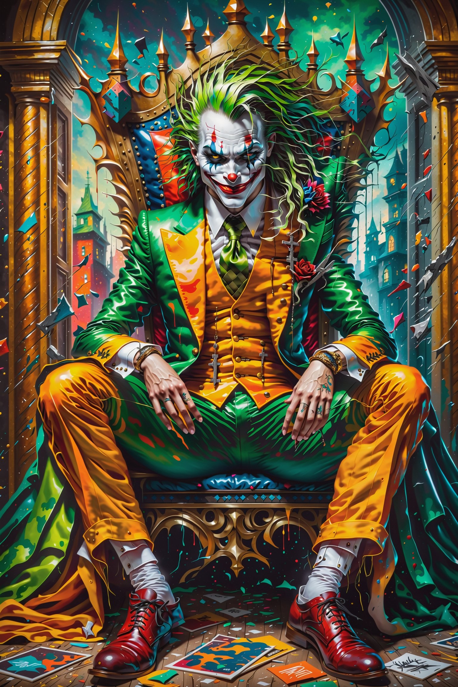 realistic, hyper-realism, horror art, dread, creepy, forboding, dark, unity 8k wallpaper, ultra detailed, beautiful and aesthetic, masterpiece, best quality, cowboyshot, the most beautiful form of chaos, elegant, a brutalist designed, vivid colours, horror, solo, abandoned, dramatic ligting, fashion photoshoot, The Joker sat cross legged in an ornate gothic throne, wearing green suit with orange waistcoat, green tie, slicked_back_hair, crazy smile, arrogant smile, graffiti, bright colours, in the style of esao andrews, LegendDarkFantasy