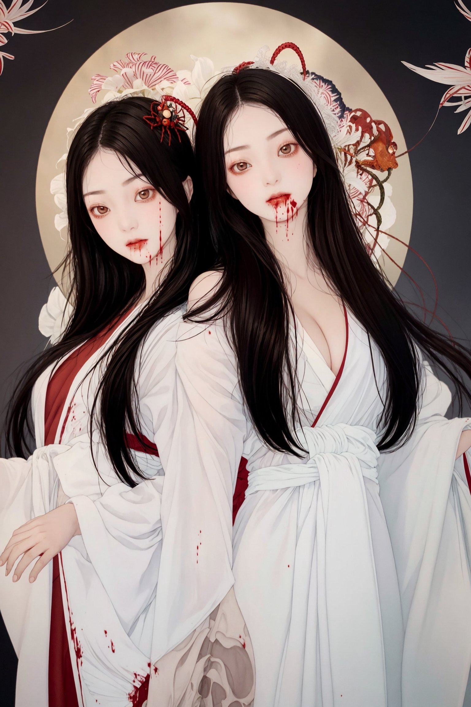 2 angels, symmetry, cowboy shot, masterpiece, hair, hime cut, very long hair, medium_breasts, naked below robes, heaven, sky, red spider lilies, funeral robe, looking_at_viewer, More Detail, eyes, blood