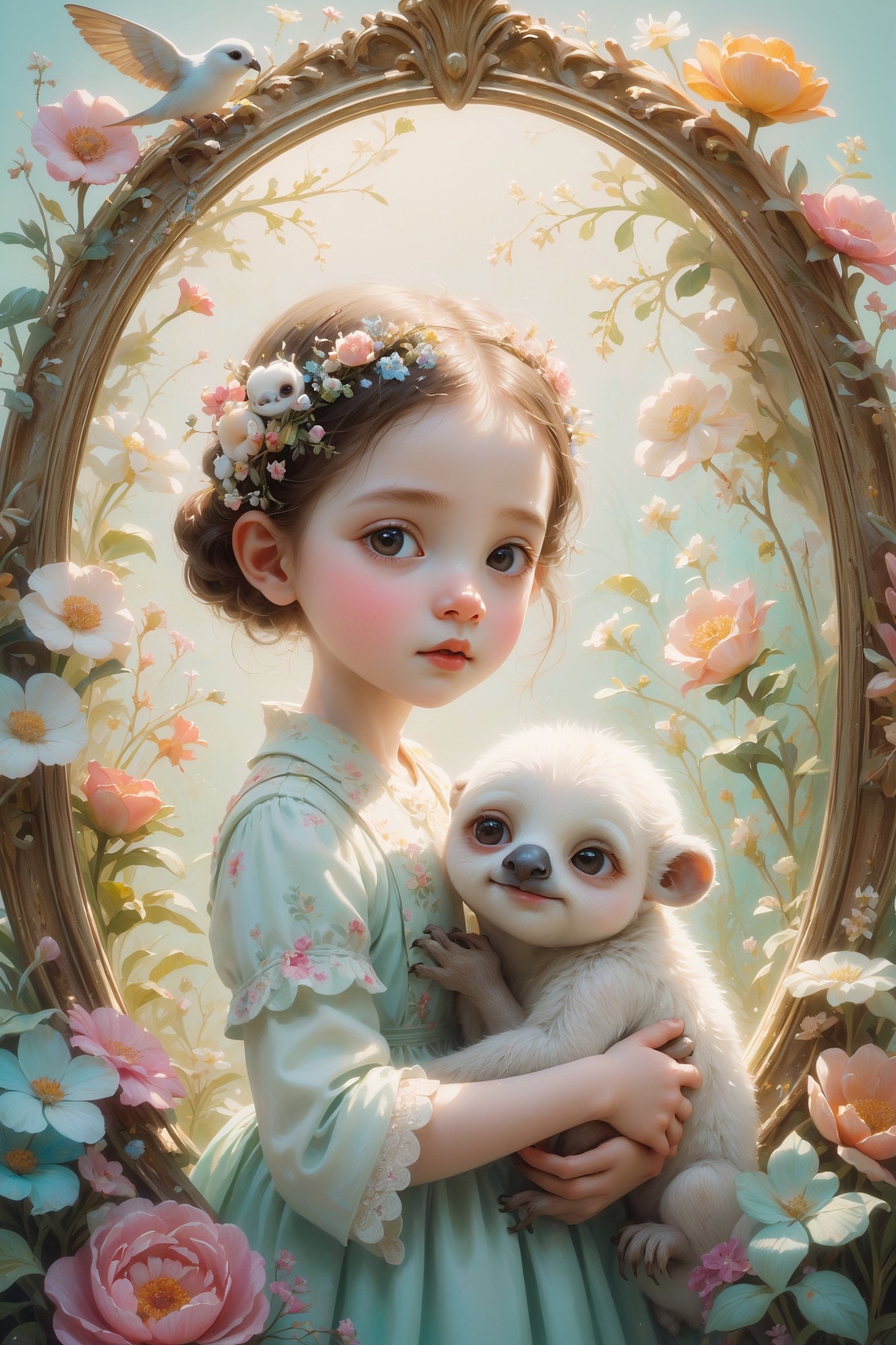 Oil painting of a 12 year old girl with a ghostly white face, huge round eyes, super small nose and mouth, holding a cute baby sloth, soft color, dreamlike, surrealism, background with birds and flowers, contained within an ornate arched graphic frame, plain white background, intricate details, 3D rendering, octane rendering. Art in pop surrealism lowbrow creepy cute style. Inspired by Ray Caesar. Vintage art, opaque colors, light grain, indirect lighting.