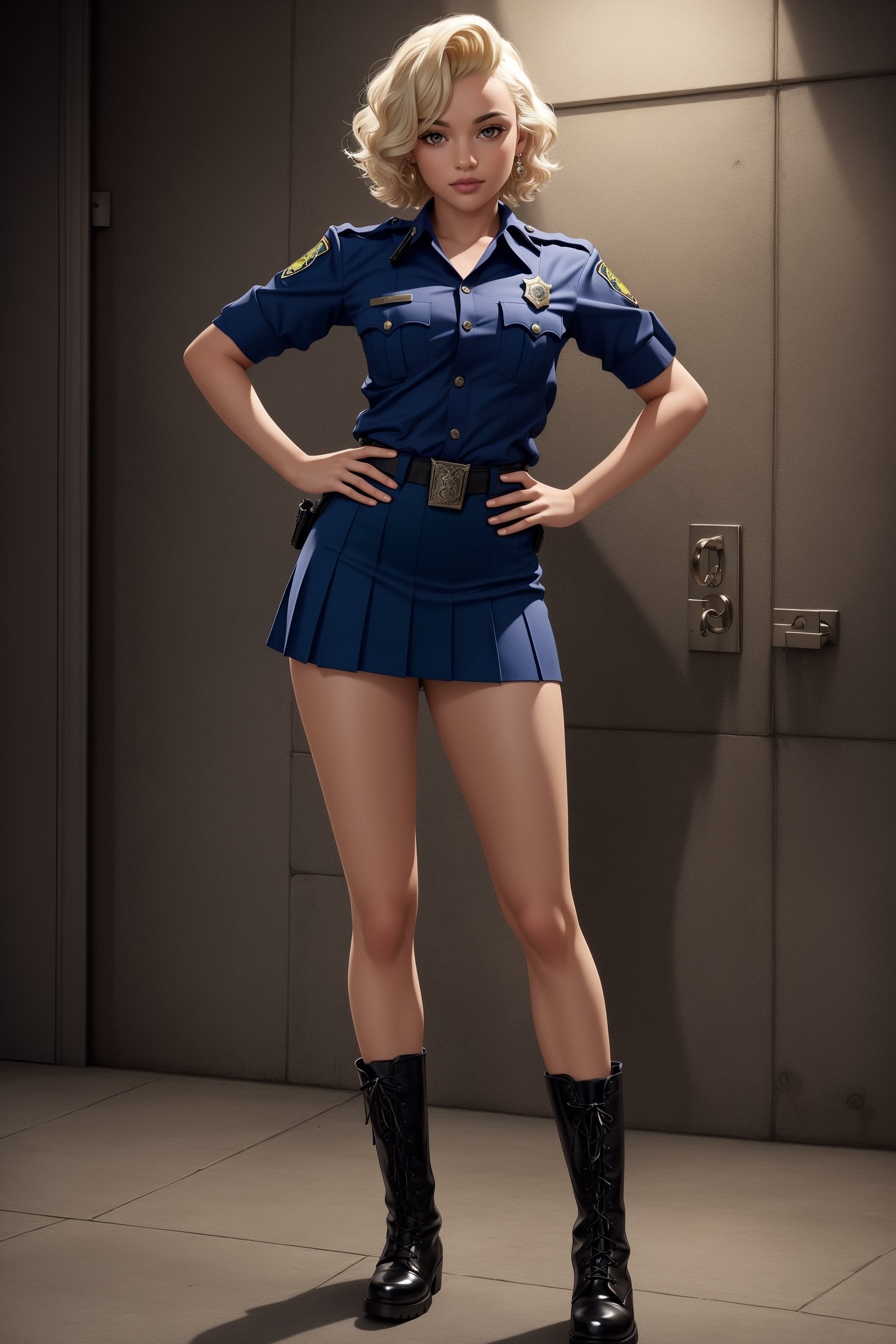 a girl, fiery red Marilyn Monroe's classic hairstyle, green eyes, perfect body, slender legs, slender hips, ultra- detailed, sexy policewoman, prison, dim lighting, police uniform, blue pleated micro miniskirt, handcuffs, full-body_portrait, hands on hips, black combat boots