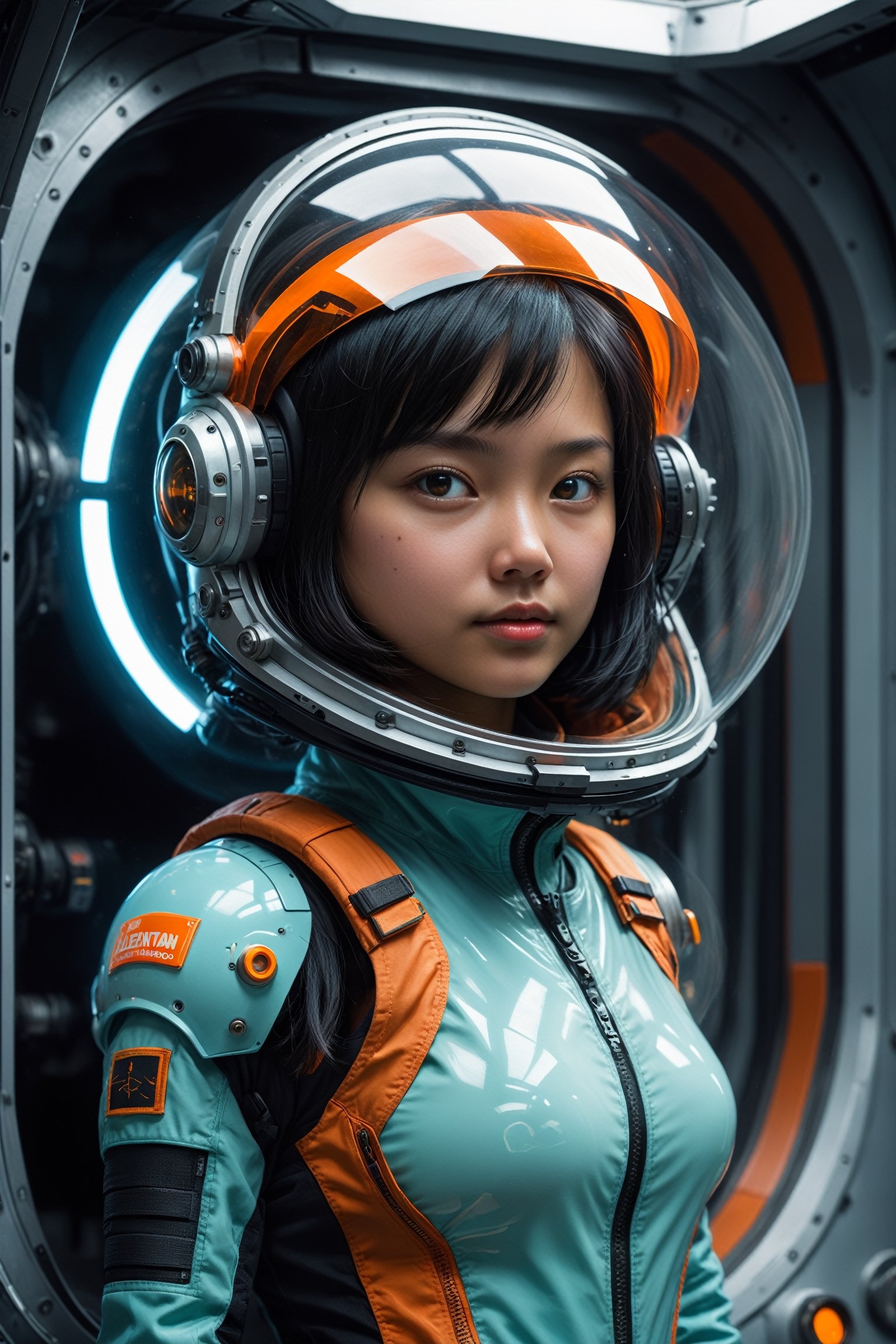 ((full_body)), HONG KONG Girl with brown colour skin, short black hair, breathtaking close up photorealism photo of girl with black hair wearing Aqua and Orange mech suit indoors (on alien spaceship) by Craig Davison, Dave Dorman, and Drew Struzan, symmetrical outfit. patch panels, computers, buttons, switches, screen, window with a view of outer space. wearing bubble helmet, face visible. high quality, photorealism, chromatic aberration, lens distortion, sharp focus, highest detail.
