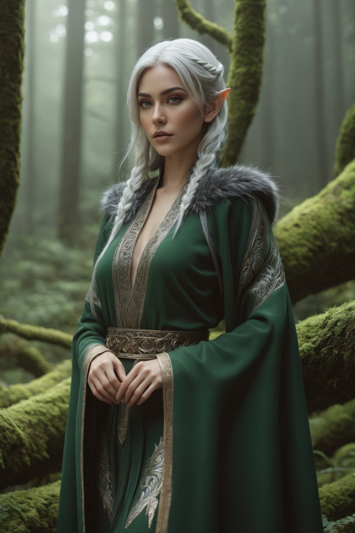 Midjourney style, ultrarealistic, a beautiful naked elf woman,  {{full_body}}, standing in a mossy forest, ((white hair)), {{see-though clothing}},  {{green eyes}},  perfect detailed face, detailed symmetric circular iris, Peaky Blinders aesthetic, realistic, 3d render, octane render, intricately detailed, cinematic, trending on artstation, Isometric, Centered hypereallistic cover photo, awesome full color, hand drawn, dark, gritty, mucha, klimt, erte 12k, hight definition, cinematic, neoprene, behance contest winner, portrait featured on unsplash, stylized digital art, smooth, ultra high definition, 8k, unreal engine 5, ultra sharp focus, intricate artwork masterpiece, ominous, epic,trending on artstation, by artgerm, h. r. giger,  beksinski, highly detailed, vibrant,dreamscape,b3rli,winterhanfu