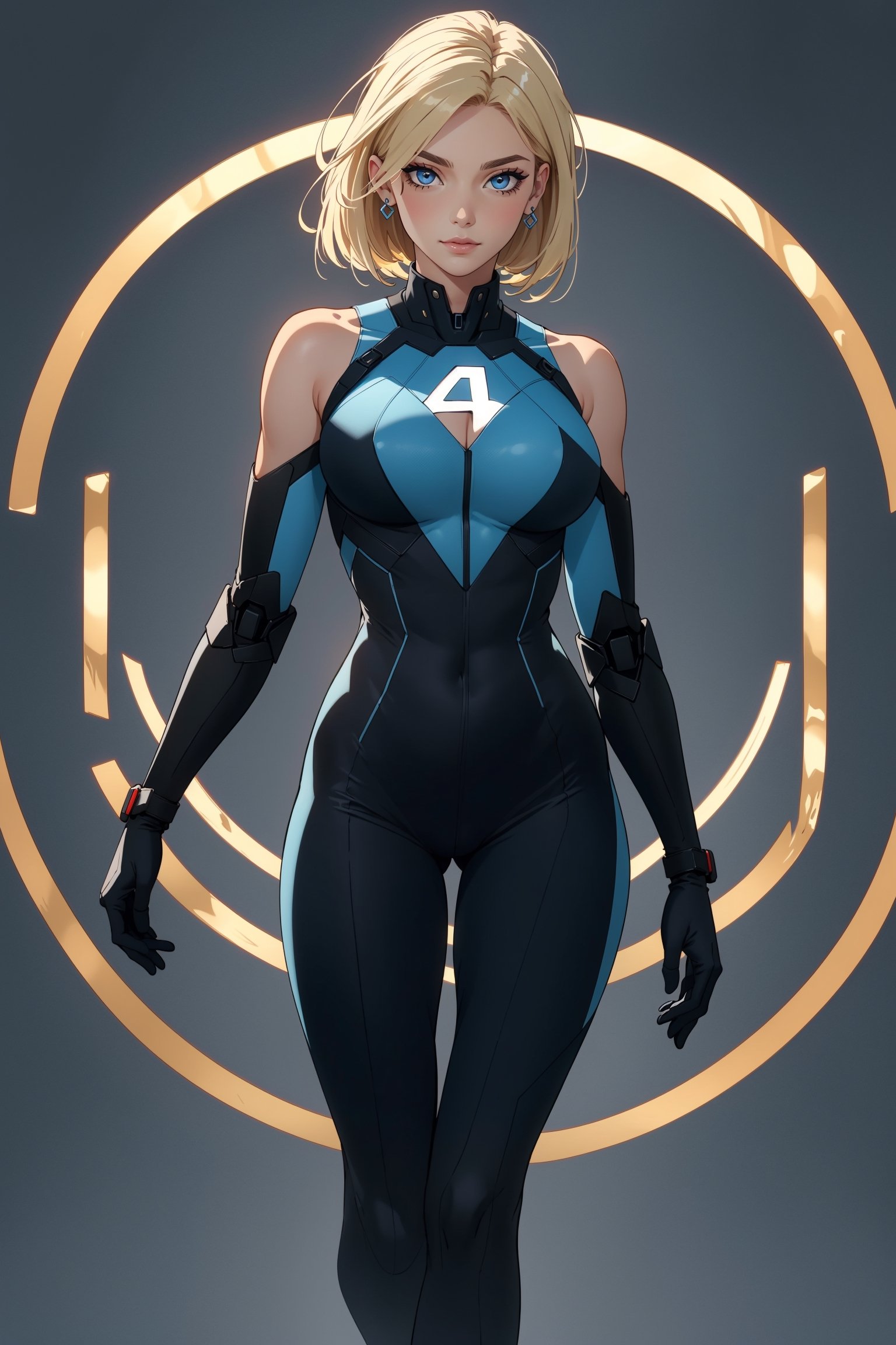 A beautiful 25 year old woman, blue eyes, She has a body of a fitness model, large breasts, blonde, short bob hairstyle, bangs, slender body shape, slim waist, full-body_portrait, dark blue bodysuit, bare_shoulders, mecha background, sue storm, fantastic 4, number 4 in circle on chest