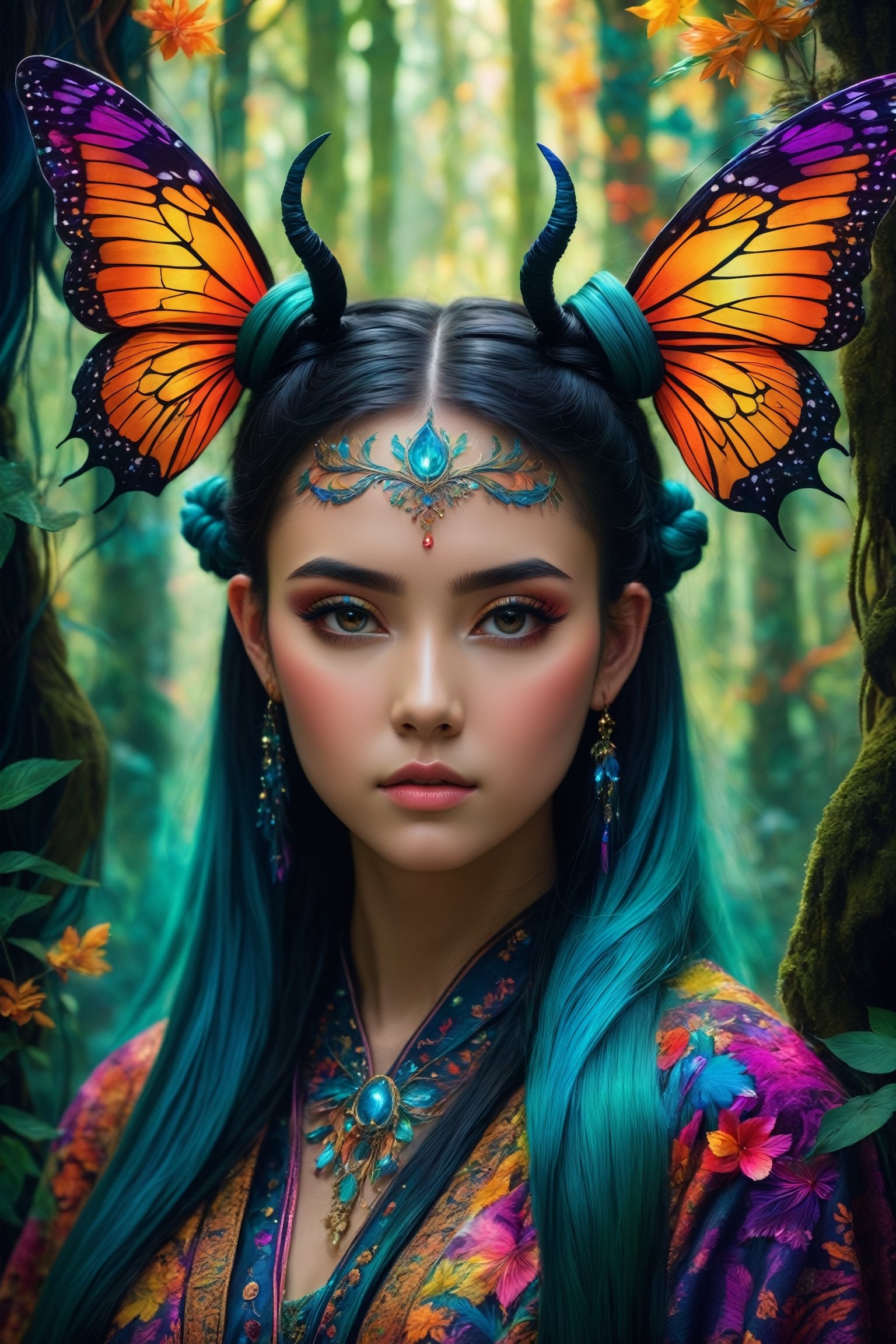 (best quality, 8K, highres, masterpiece), ultra-detailed, fantasy girl with long, flowing black hair fashioned into intricate space buns. In this enchanting scene, she takes on the persona of a mystical forest guardian, surrounded by a breathtaking tapestry of vibrant, iridescent flora and fauna. Her presence radiates an otherworldly aura, and millions of microscopic, shimmering, and multi-colored magical threads emanate from her form, creating a dazzling and vibrant spectacle. The composition showcases her stunningly beautiful silhouette, intricately adorned with luminous plant-like patterns and ethereal creatures, resulting in a vivid and enchanting color palette that transports viewers to a realm of fantastical wonders.