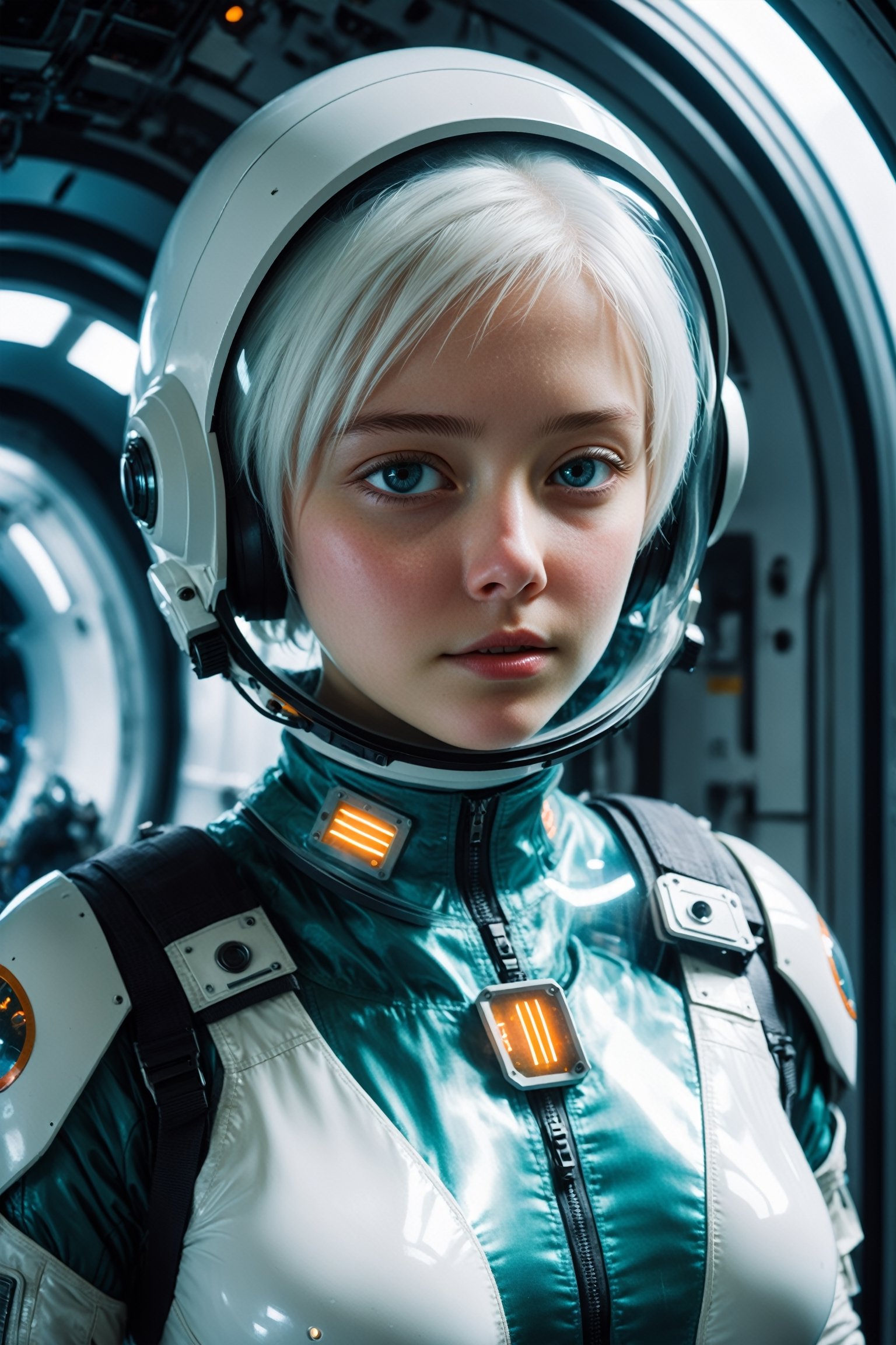 ((upper_body)), beautiful 18yr old Girl, Aqua space suit, short white hair, breathtaking  photo of Caucasian girl wearing mech suit indoors (on alien spaceship) by Craig Davison, Dave Dorman, and Drew Struzan, symmetrical outfit. patch panels, computers, buttons, switches, screen, window with a view of outer space. wearing bubble helmet, face visible. high quality, photorealism, chromatic aberration, lens distortion, sharp focus, highest detail.
