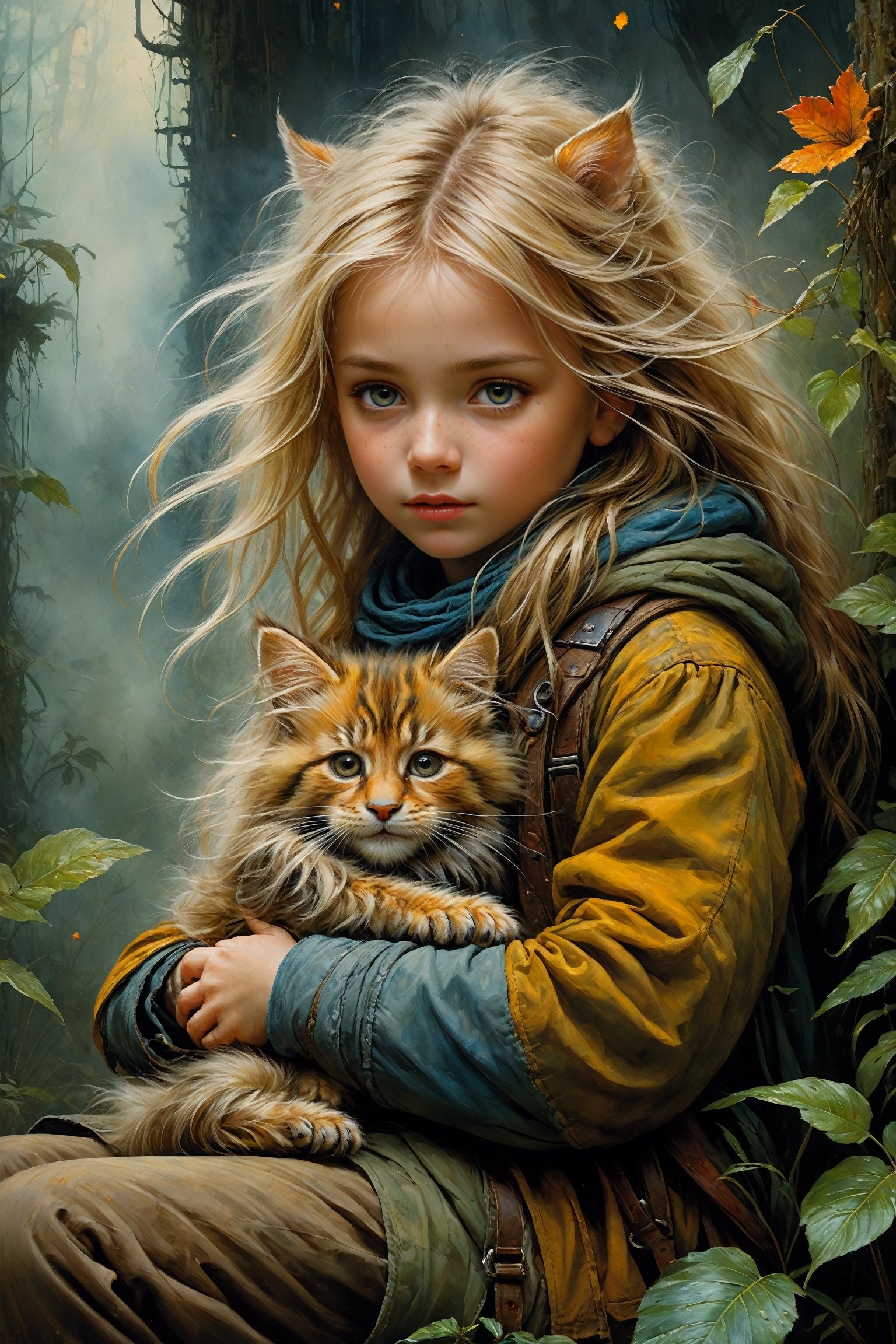 art by Mandy Disher, digital art 8k, Jean-Baptiste Monge style, art by cameron gray, mail art, cuteness overload, Northern Renaissance, tempera on old worn canvas, fairytale, symbolism, dynamic poster, a little blonde long-haired girl with a huge maine coon in her lap in the foggy night, complex background, meticulously detailed tempera portrait, detailed jungle landscape complementary colors, insanelly detailled, volumetrics clouds, stardust, 8k resolution, watercolor, razumov style. art by Razumov and Volegov, art by Carne Griffiths and Wadim Kashin rutkowski repin artstation hyperrealism painting, 4 k resolution blade runner, sharp focus, emitting diodes, smoke, artillery,sparks,racks,system unit,motherboard, by pascal blanche rutkowski repin artstation hyperrealism painting concept art of detailed character design matte painting, 4 k resolution , in the style of esao andrews,aesthetic portrait