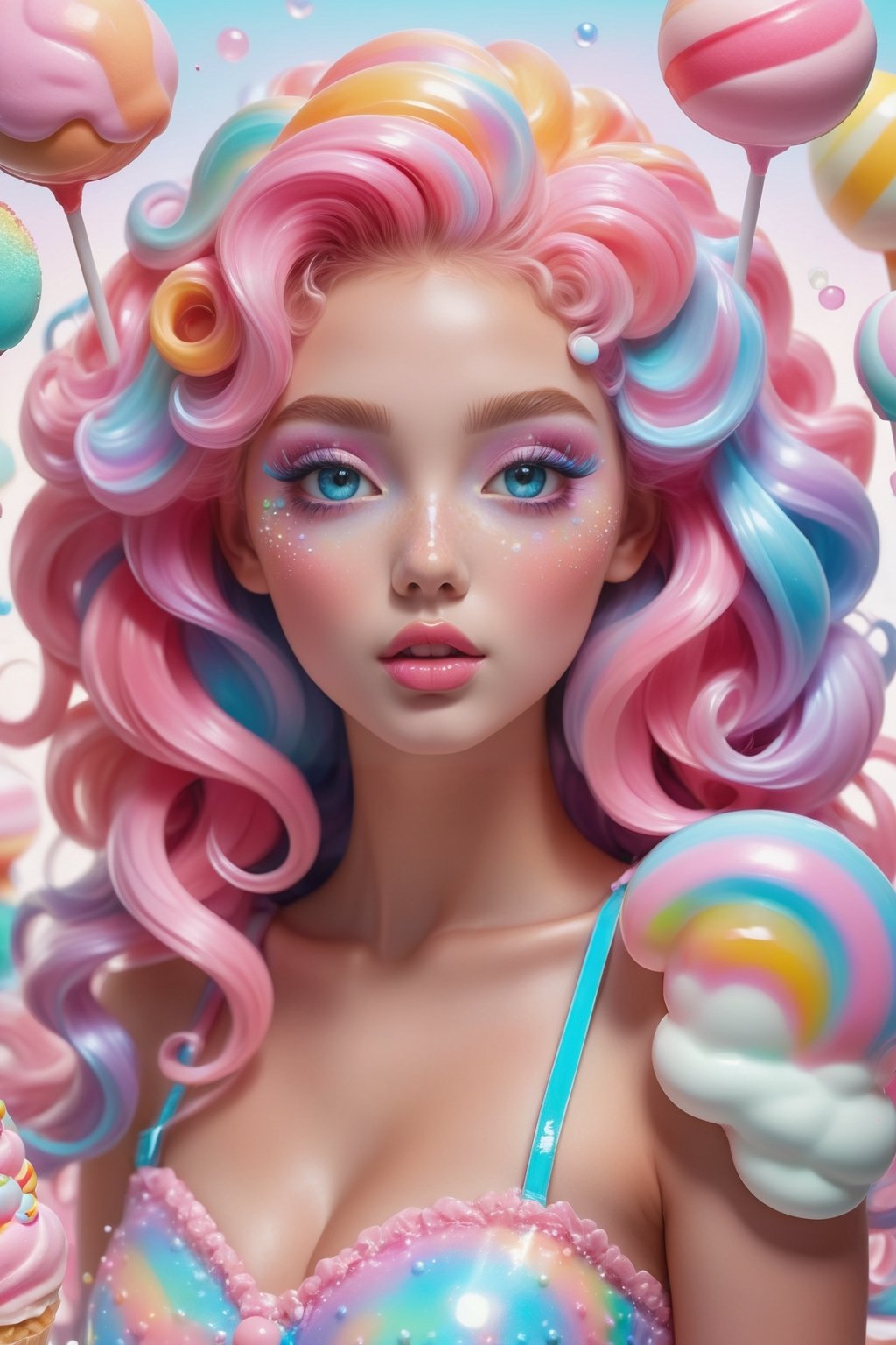 beautiful kawaii naughty girl, hyper detailed, cotton candy curly hair, candy freckles, bright makeup, holographic transparent candy dress, close-up portrait, highly detailed illustration, candyland character design, surrounded by swirls of ice cream and cream butter Pale pastel colors, bubblegum bubbles, gradient background. the candy girl