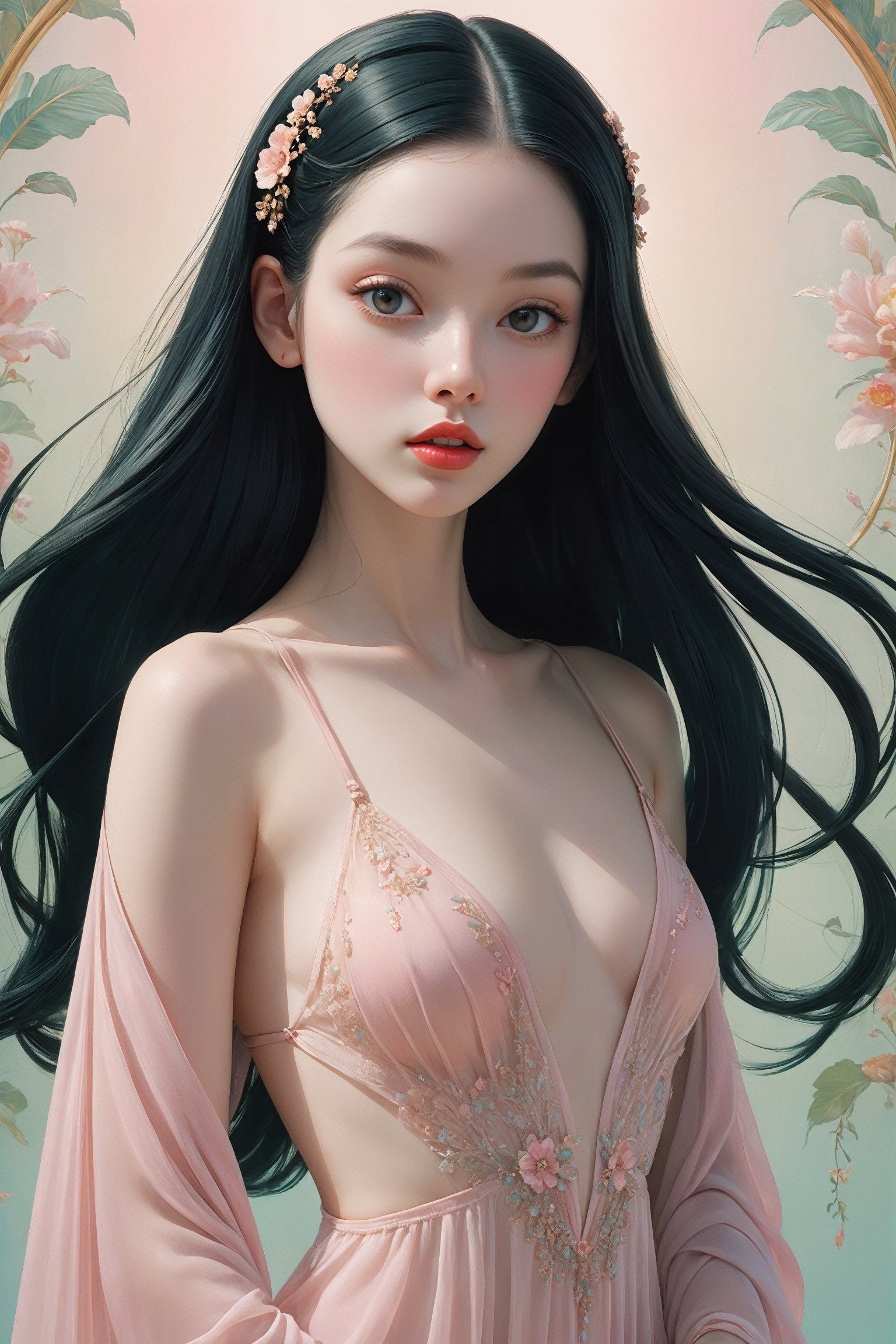 {{full_body}}, Oil painting of a beautiful 20 year old girl with pale skin, front on to viewer, {{wearing a sexy long see-through chifon gown}}, {{small pale pink nipples}}, huge round eyes, super small nose and mouth, pale pink lips, extra long straight black hair with a center parting in twin bun, medium breasts, slender hips, sensual, erotic, soft color, dreamlike, surrealism, plain graduated pale background, intricate details, 3D rendering, octane rendering. Art in pop surrealism lowbrow creepy cute style. Inspired by Ray Caesar. Vintage art, ((art deco background)), opaque colors, light grain, indirect lighting, micro bikini,Long Legs and Hot Body,micro bikini,wearing fashion thong underwear