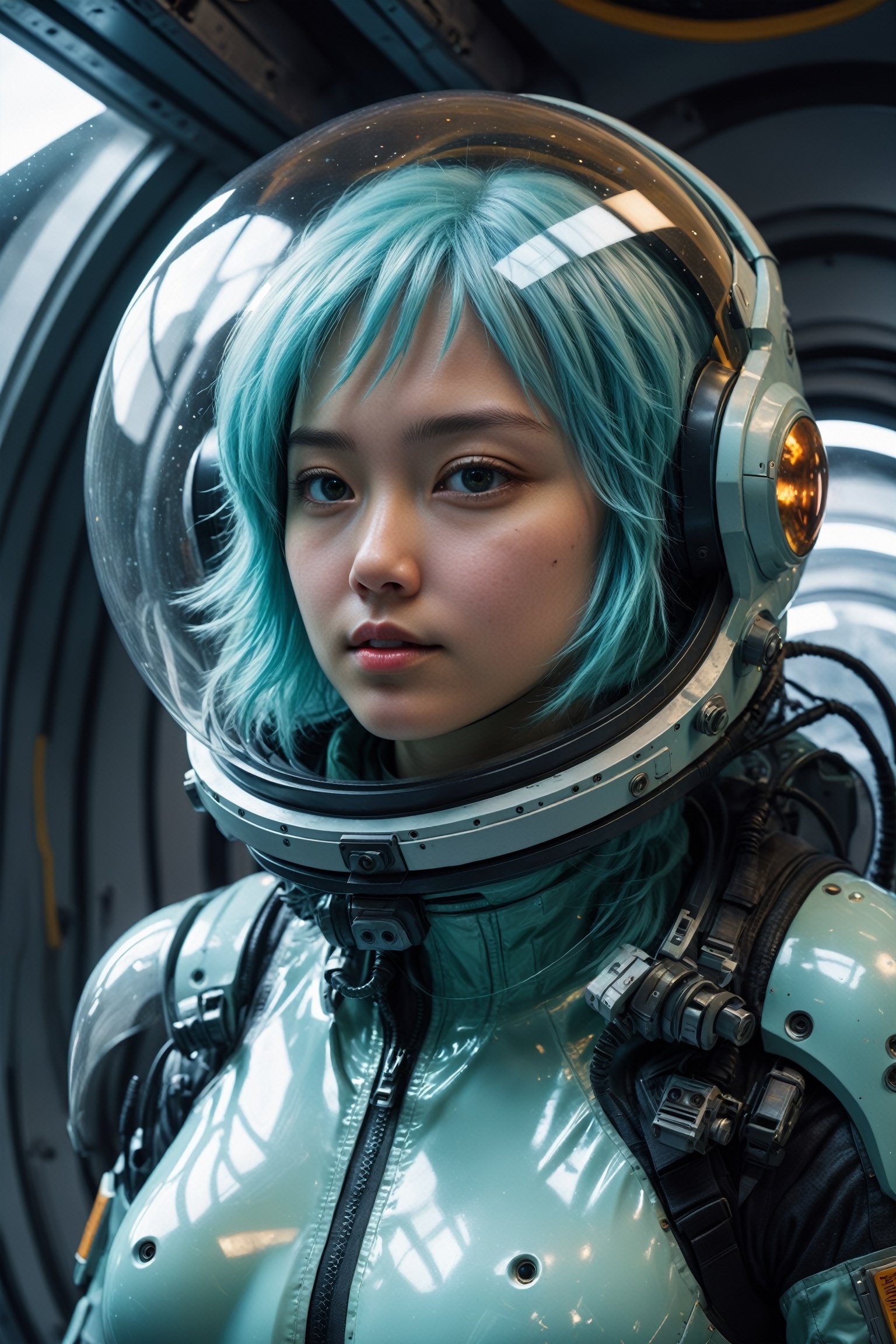 ((full_body)), HONG KONG Girl ((September Ai)), AQUA short messy hair, breathtaking close up photorealism photo of Caucasian woman with aqua hair wearing mech suit indoors (on alien spaceship) by Craig Davison, Dave Dorman, and Drew Struzan, symmetrical outfit. patch panels, computers, buttons, switches, screen, window with a view of outer space. wearing bubble helmet, face visible. high quality, photorealism, chromatic aberration, lens distortion, sharp focus, highest detail.
