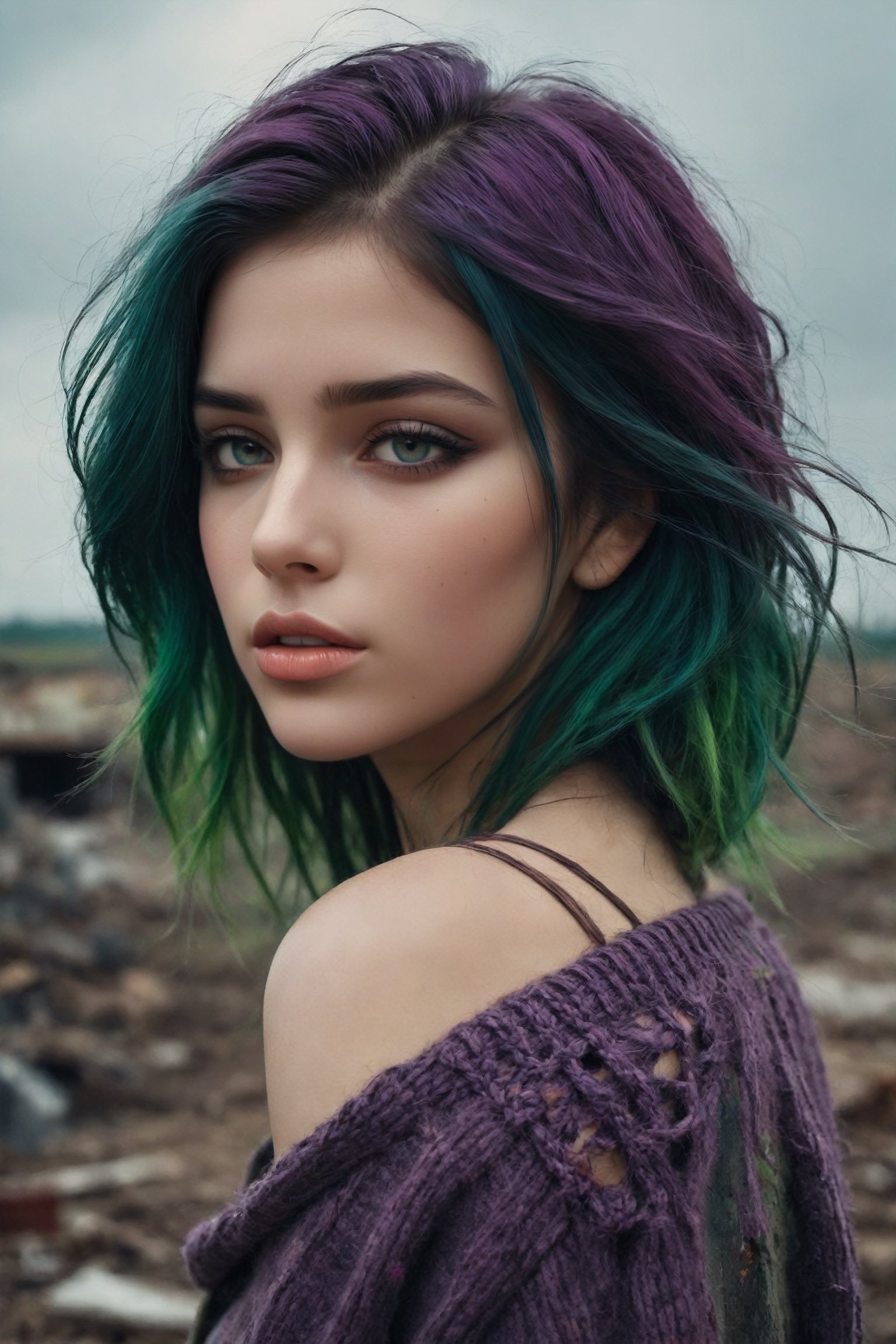 {{close-up face portrait}}, {{{close-up}}}, A sad and lonely beautiful 18yr old girl in a nuclear wasteland. visible skin pores, {{{chunky knitted sweater off one shoulder}}}, dark purple and green multi-color hair blows in the wind, smudged dark gothic eye makeup. The once thriving city now lies in ruins, with crumbling buildings and abandoned vehicles scattered amidst the desolation. Nature has started to reclaim the territory, with ((plants growing through cracks in the concrete)). The atmosphere is eerie, with a sense of loneliness and despair hanging in the air. The scene is bathed in a dark and moody light, emphasizing the post-apocalyptic setting. The girl's expression reflects her loneliness and the weight of the world she carries on her shoulders. The colors are muted, with a desaturated and faded palette, further enhancing the desolate mood of the scene.