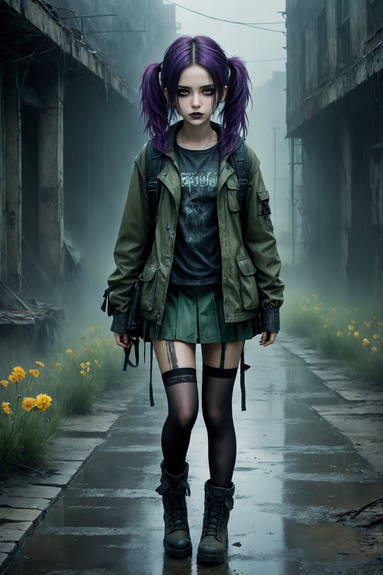 A lonely girl walks towards the camera in a nuclear wasteland in the pouring rain. Wearing a micro torn schoolgirl miniskirt, {{croptop}} and long military parka, showing lots of thigh, combat boots, carrying a rucksack. {{wet t-shirt clings to her perfect breasts}}, dark purple and green multi-color hair in pigtails, smudged dark gothic eye makeup. The once thriving city now lies in ruins, with crumbling buildings and abandoned vehicles scattered amidst the desolation. Nature has started to reclaim the territory, with ((Flowers growing through cracks in the concrete)). The atmosphere is eerie, with a sense of loneliness and despair hanging in the air. The scene is bathed in a dark and moody light, emphasizing the post-apocalyptic setting. The girl's expression reflects her loneliness and the weight of the world she carries on her shoulders. The colors are muted, with a desaturated and faded palette, further enhancing the desolate mood of the scene., Comic Book-Style 2d,goth person