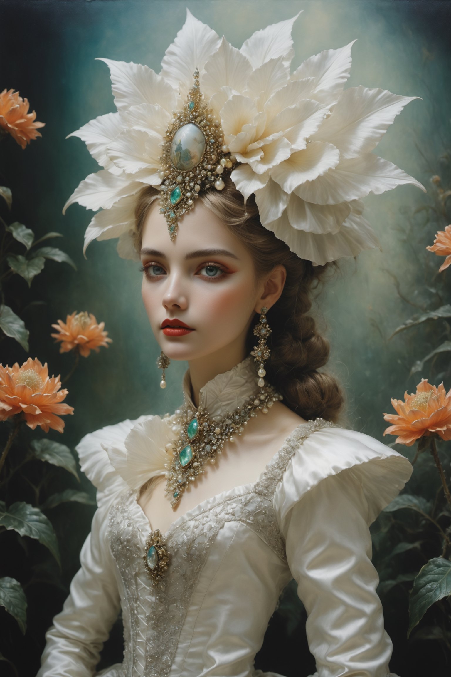 Extremely Realistic, flowers, extremely detailed, silver, pearls, white, emerald, gold, centered, half body shot, natural light, Marie-Antoinette details, latex, rubber, eroticism, gathers, beehives, ball gathering, Crinoline, smocks, pin tucks,  Belle Époque winter garden, Hans Bellmer-style surrealism, Balata Garden and Martinique corals for tropical inspiration, Gabrielle Chanel and diva singers for timeless elegance. Extremely Realistic, photo r3al, make_3d, cinematic moviemaker style, dripping paint,abstact,DonMB4nsh33XL , in the style of esao andrews, aesthetic portrait,  F41Arm0rXL ,Wonder of Beauty,esao andrews style,aesthetic portrait