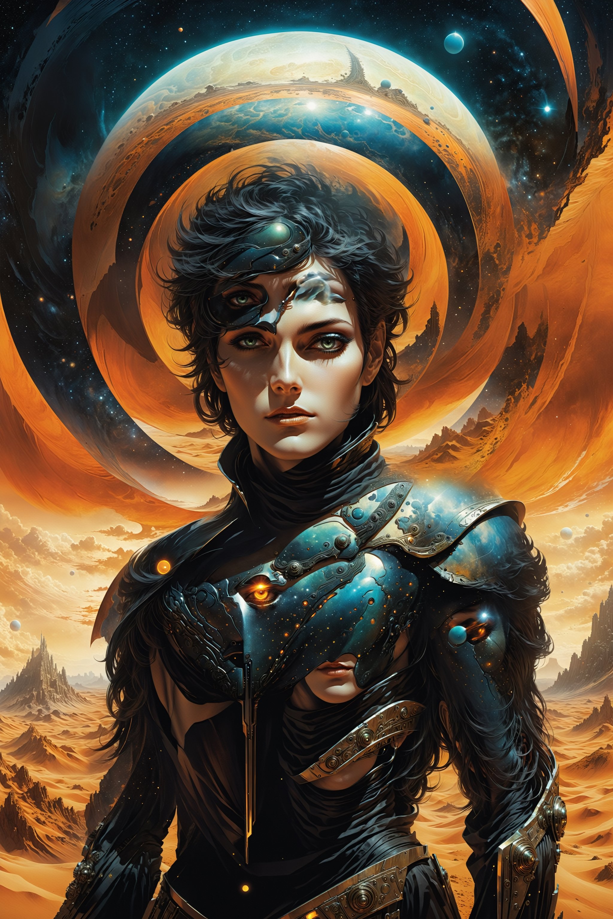 trippy book cover art work of Paul Artredes from Frank Herberts Dune Chronicals, psychedelic theme black around zoomed out, background composed of details, interactive image, highly detailed. Art by Clayton Crain, Stjepan Sejic, Shinichi Sakamoto, Tōru Naomura.