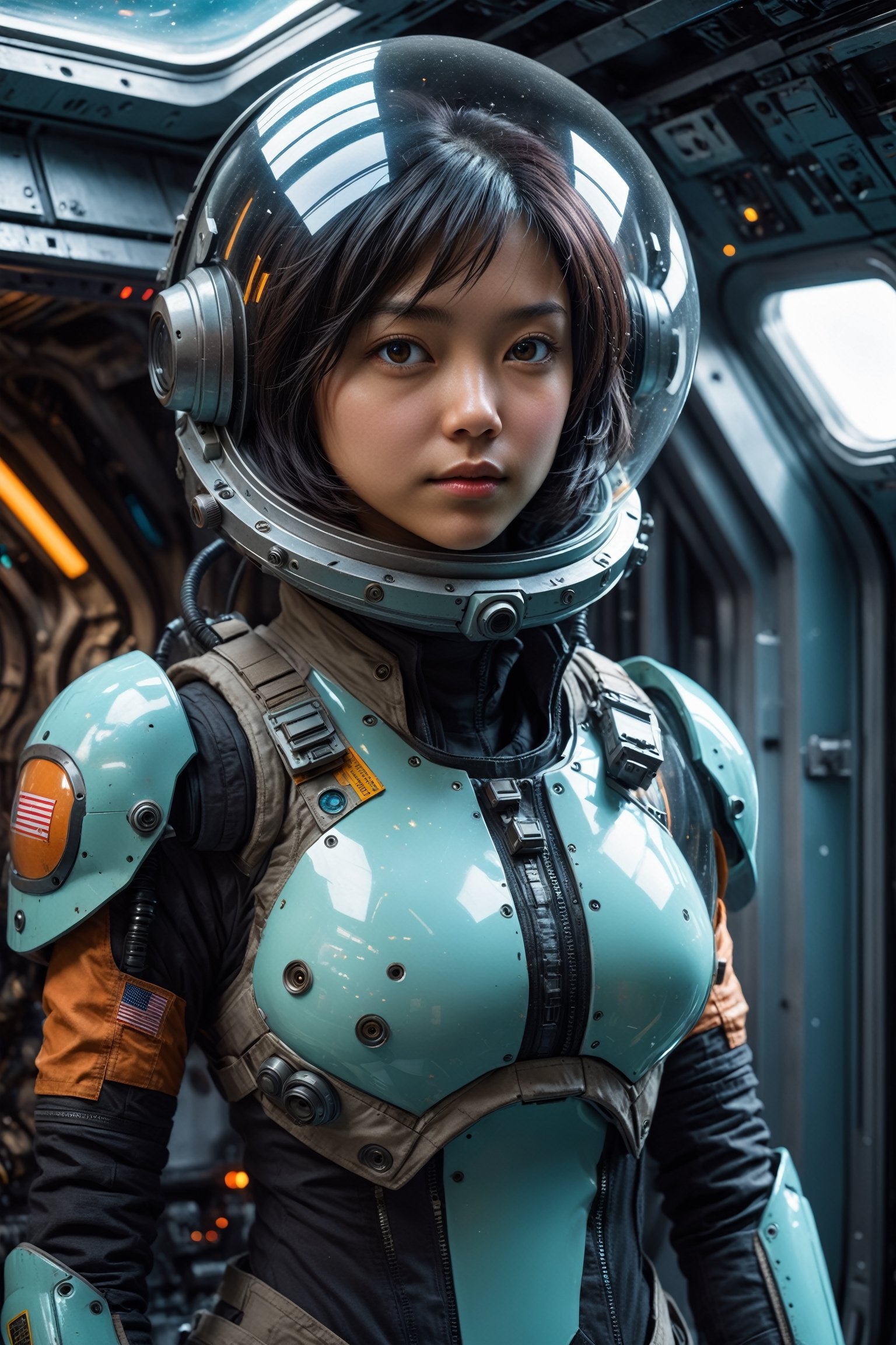 ((full_body)), HONG KONG Girl ((September Ai)) with brown colour skin, AQUA short messy hair, breathtaking close up photorealism photo of Caucasian woman with black hair wearing mech suit indoors (on alien spaceship) by Craig Davison, Dave Dorman, and Drew Struzan, symmetrical outfit. patch panels, computers, buttons, switches, screen, window with a view of outer space. wearing bubble helmet, face visible. high quality, photorealism, chromatic aberration, lens distortion, sharp focus, highest detail.
