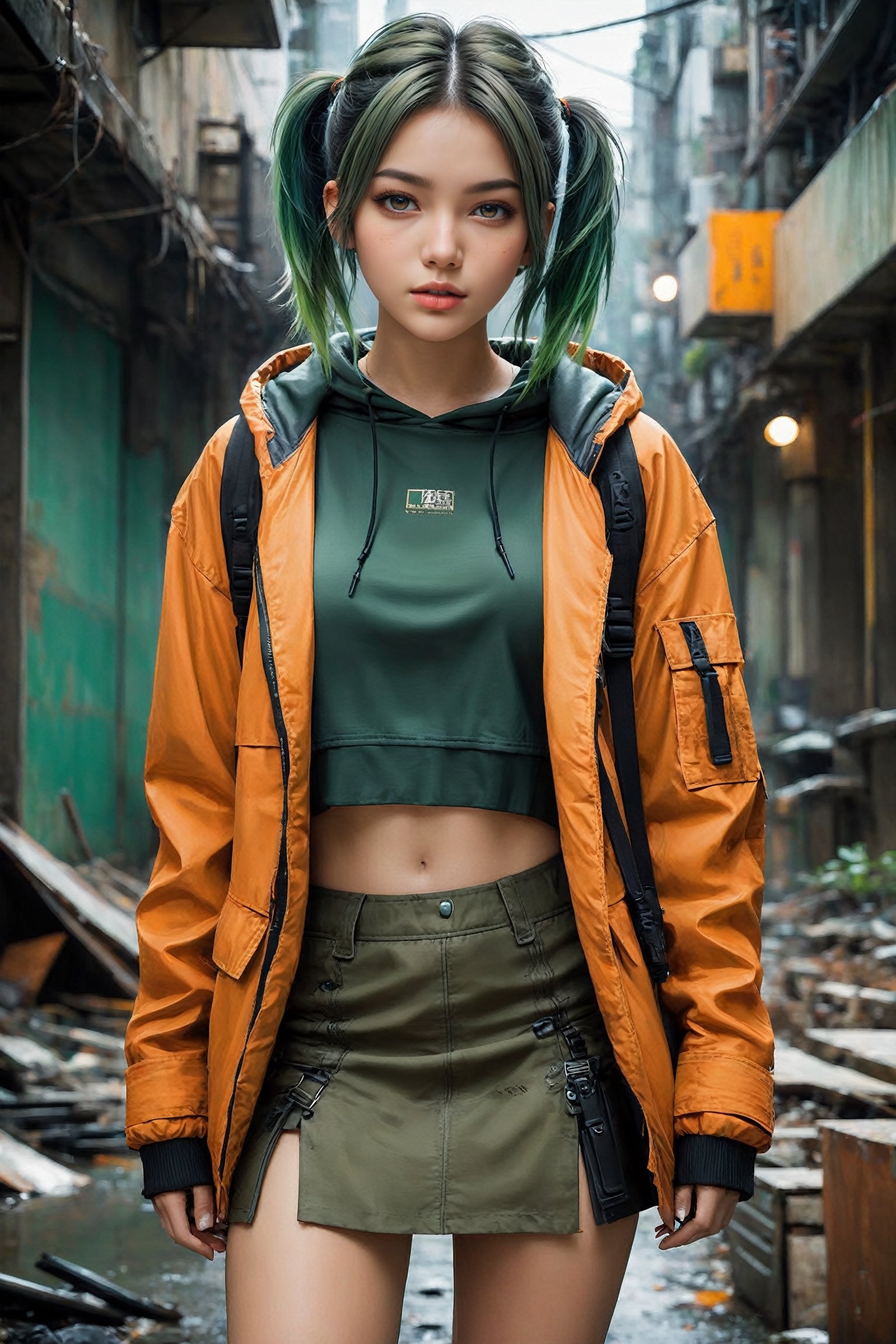 {{close-up portrait}}, Beautiful 18yr old Girl with short messy hair, pigtails, {masterpiece}}}, {{{best quality}}}, {{{ultra-detailed}}}, {cinematic lighting}, {illustration}, 1girls, orange and camouflage hooded parka, {{chunky knit croptop sweater}} , {{{exposed tummy}}}, showing lots of thigh, bare legs, Wearing a dark grey low rise miniskirt, low waist miniskirt, ultra short miniskirt, combat boots, green hair, grey eyes, toned abs, cute bellybutton, bellybutton stud, Post apocalyptic hong kong. The once thriving city now lies in ruins, with crumbling buildings and abandoned vehicles scattered amidst the desolation. Nature has started to reclaim the territory, with ((plants growing through cracks in the concrete)). The atmosphere is eerie, with a sense of loneliness and despair hanging in the air. The scene is bathed in a dark and moody light, emphasizing the post-apocalyptic setting. The colors are muted, with a desaturated and faded palette,  Enhance, DonMG414XL, TechStreetwear, in the style of esao andrews, DonMG414XL, TechStreetwear