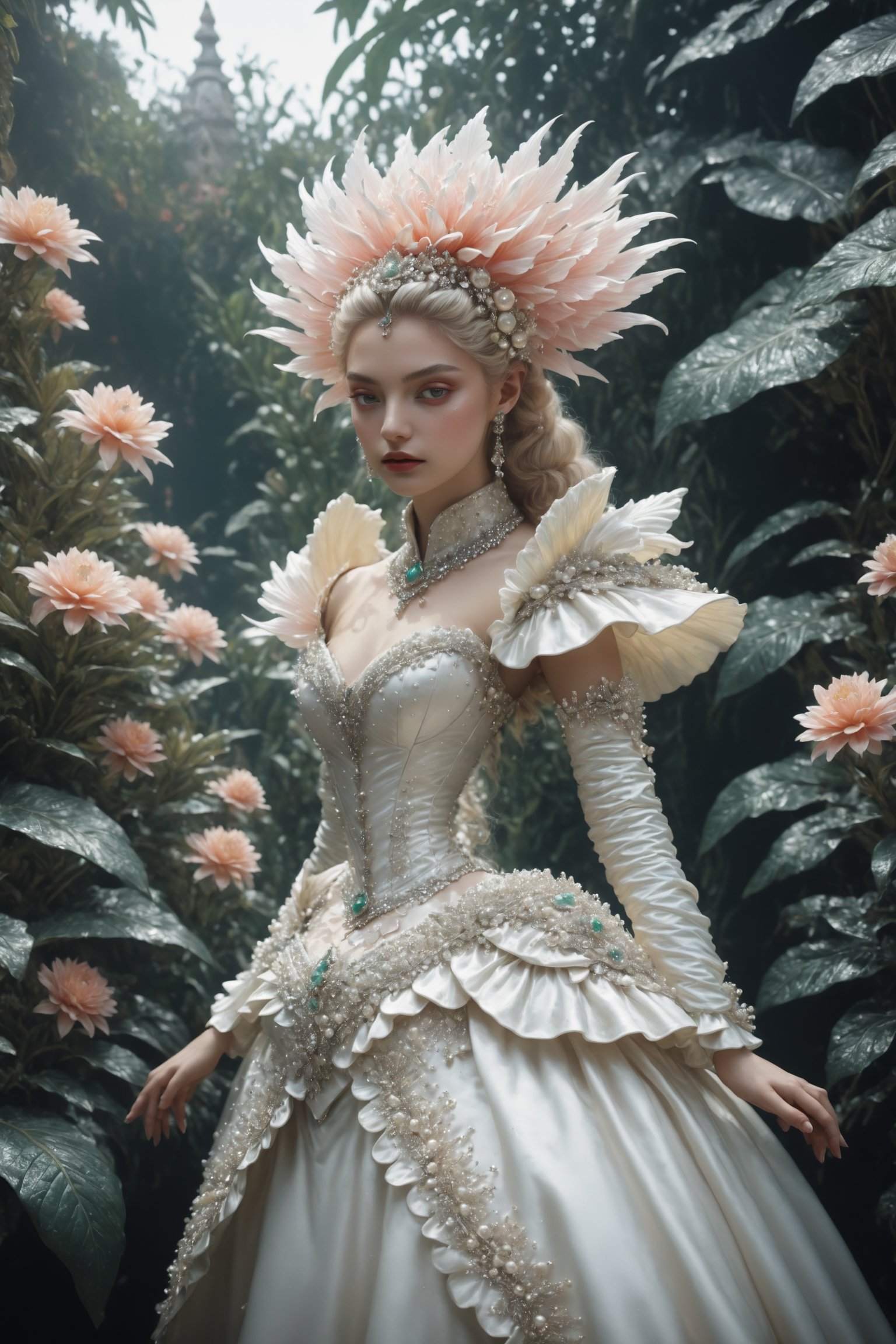 Extremely Realistic, flowers, extremely detailed, Realistic silver, pearls, white, emerald, gold, centered, half body shot, natural light, Marie-Antoinette details, latex, rubber, eroticism,  gathers, beehives, ball gathering, Crinoline, smocks, pin tucks,  Belle Époque winter garden, Hans Bellmer-style surrealism, Balata Garden and Martinique corals for tropical inspiration, Gabrielle Chanel and diva singers for timeless elegance. Extremely Realistic, photo r3al, make_3d, cinematic moviemaker style, dripping paint,abstact,DonMB4nsh33XL , in the style of esao andrews,aesthetic portrait,colorful,breasts cutout clothing,F41Arm0rXL , breasts,p3rfect boobs